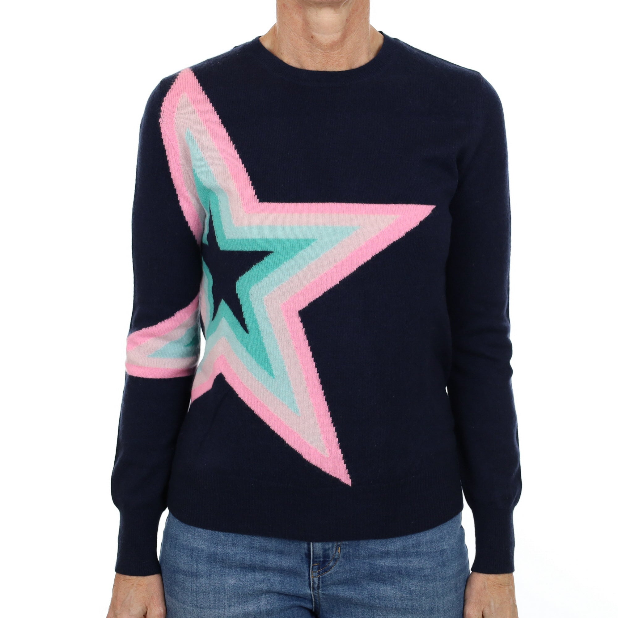 Navy Blue Star Cashmere Crew Neck Jumper Small