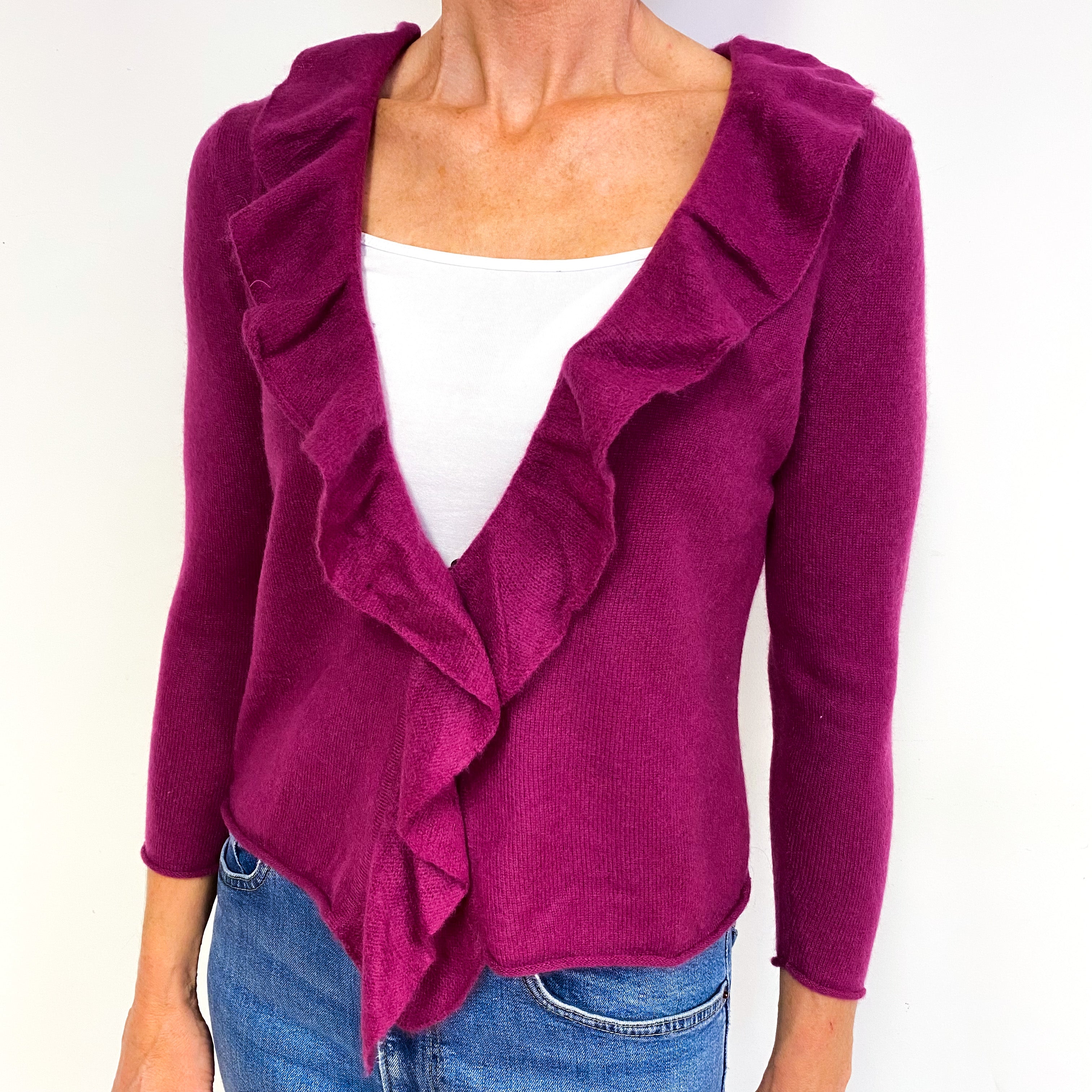 Plum Purple Cashmere Ruffle V-Neck Cardigan Medium
