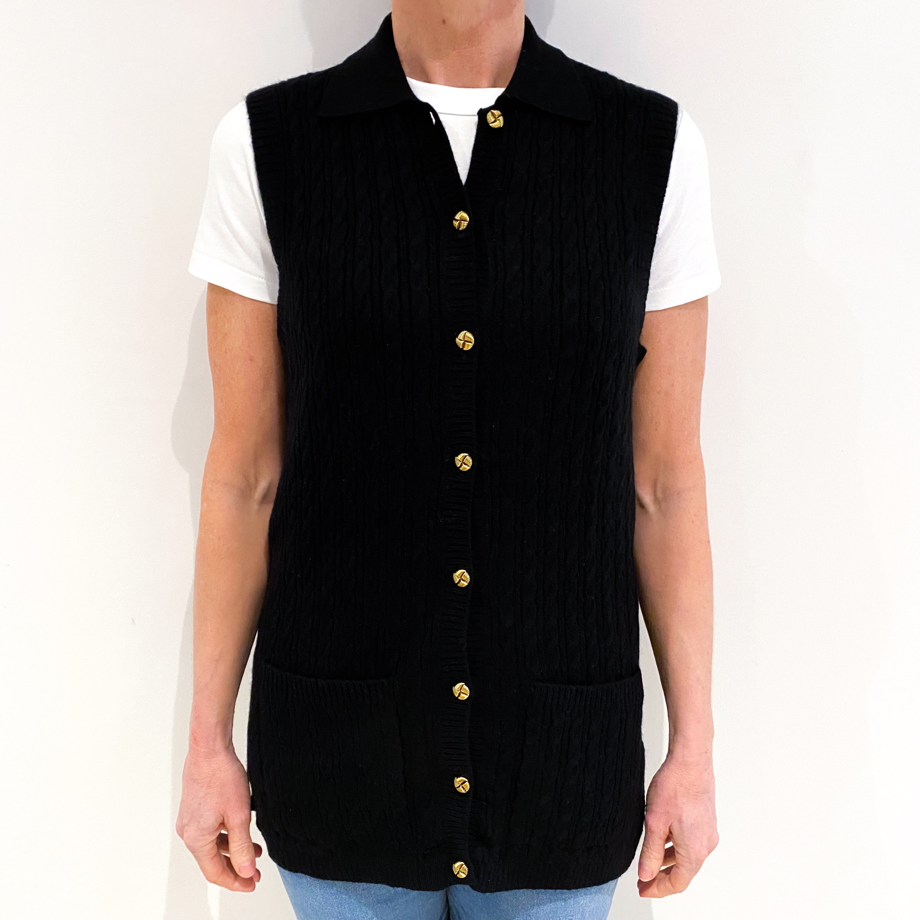 Black Cable Cashmere Sleeveless Cardigan with Pockets Small