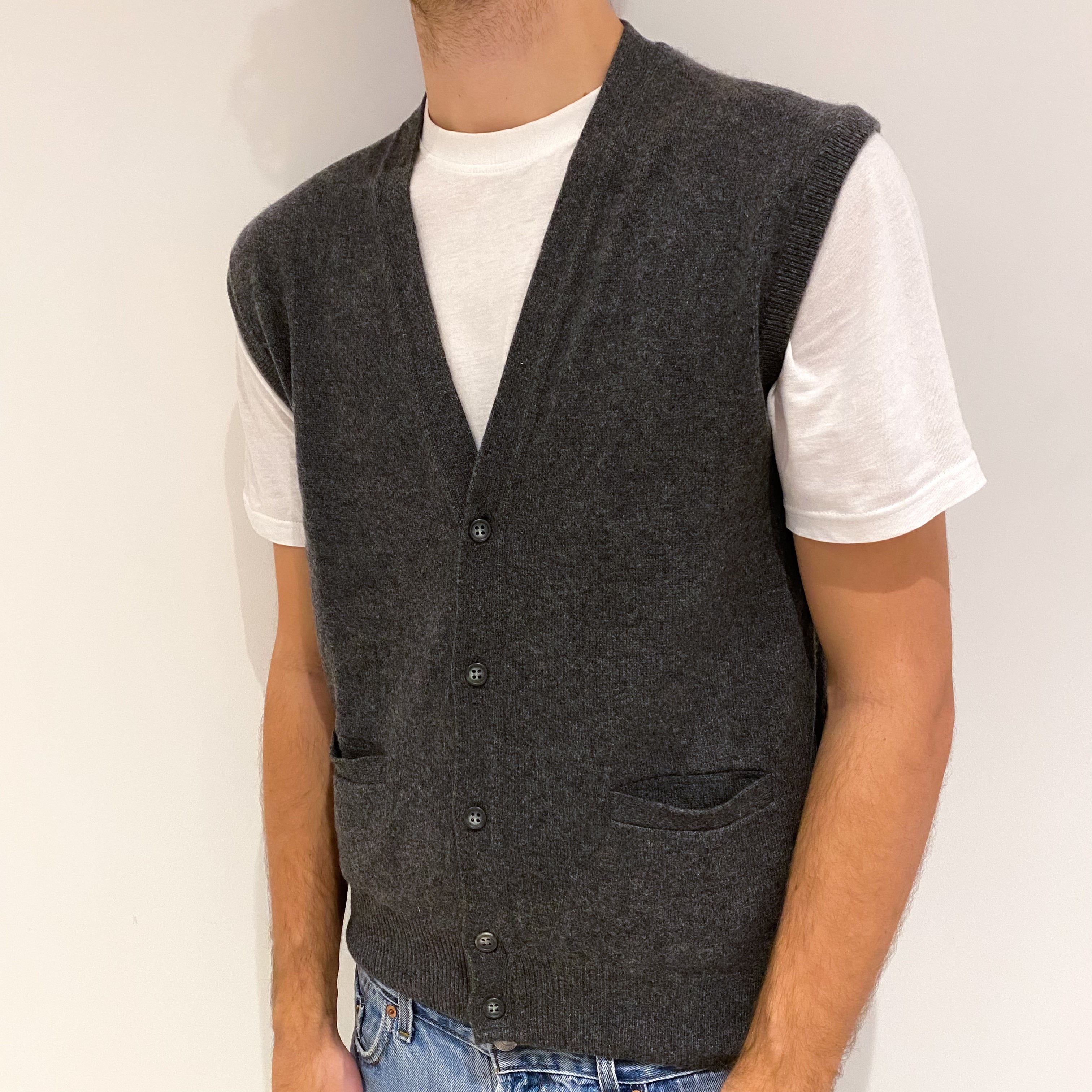 Men's Slate Grey Cashmere V Neck Gilet Large