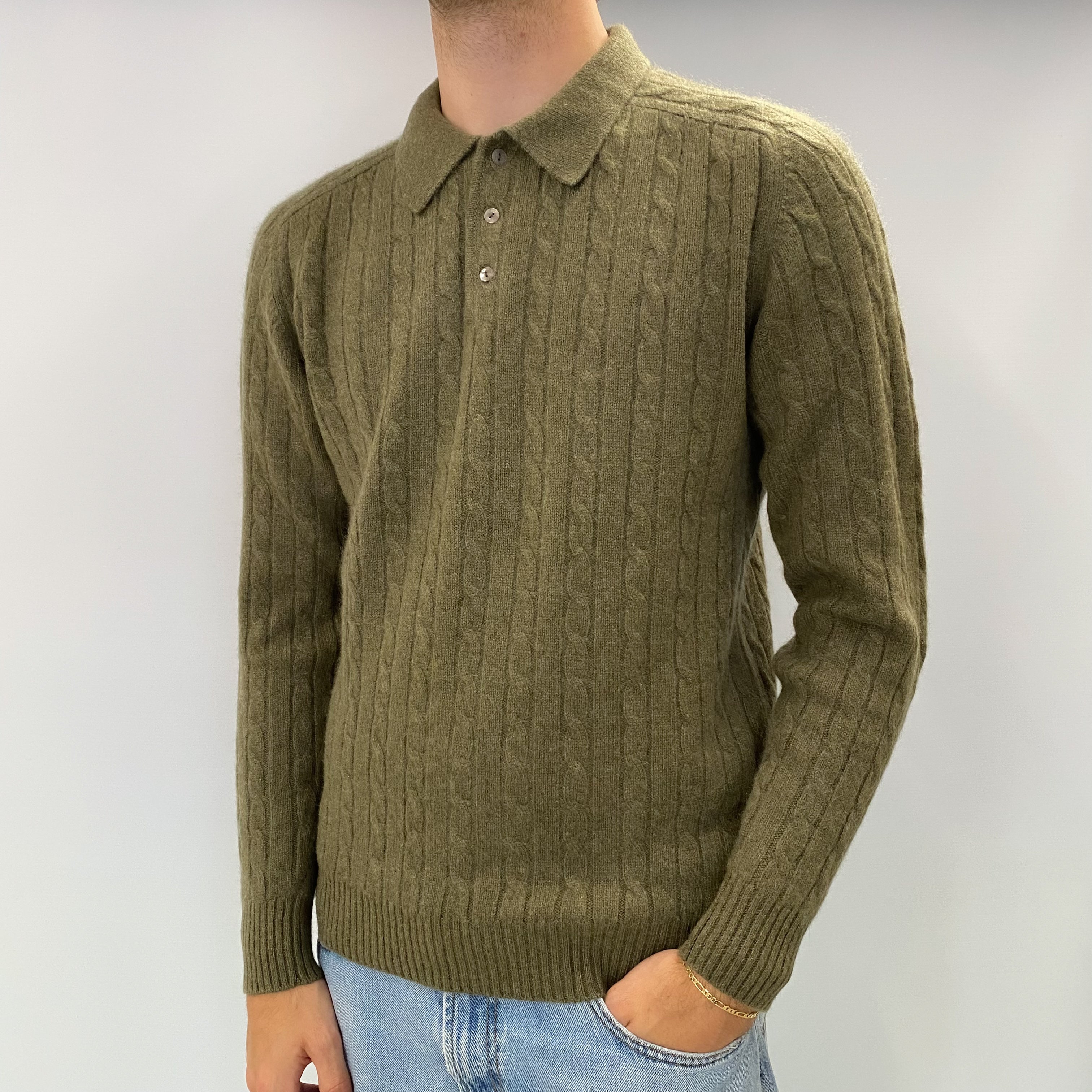 Men's Olive Green Cashmere Collared 1/4 Button Neck Jumper Medium