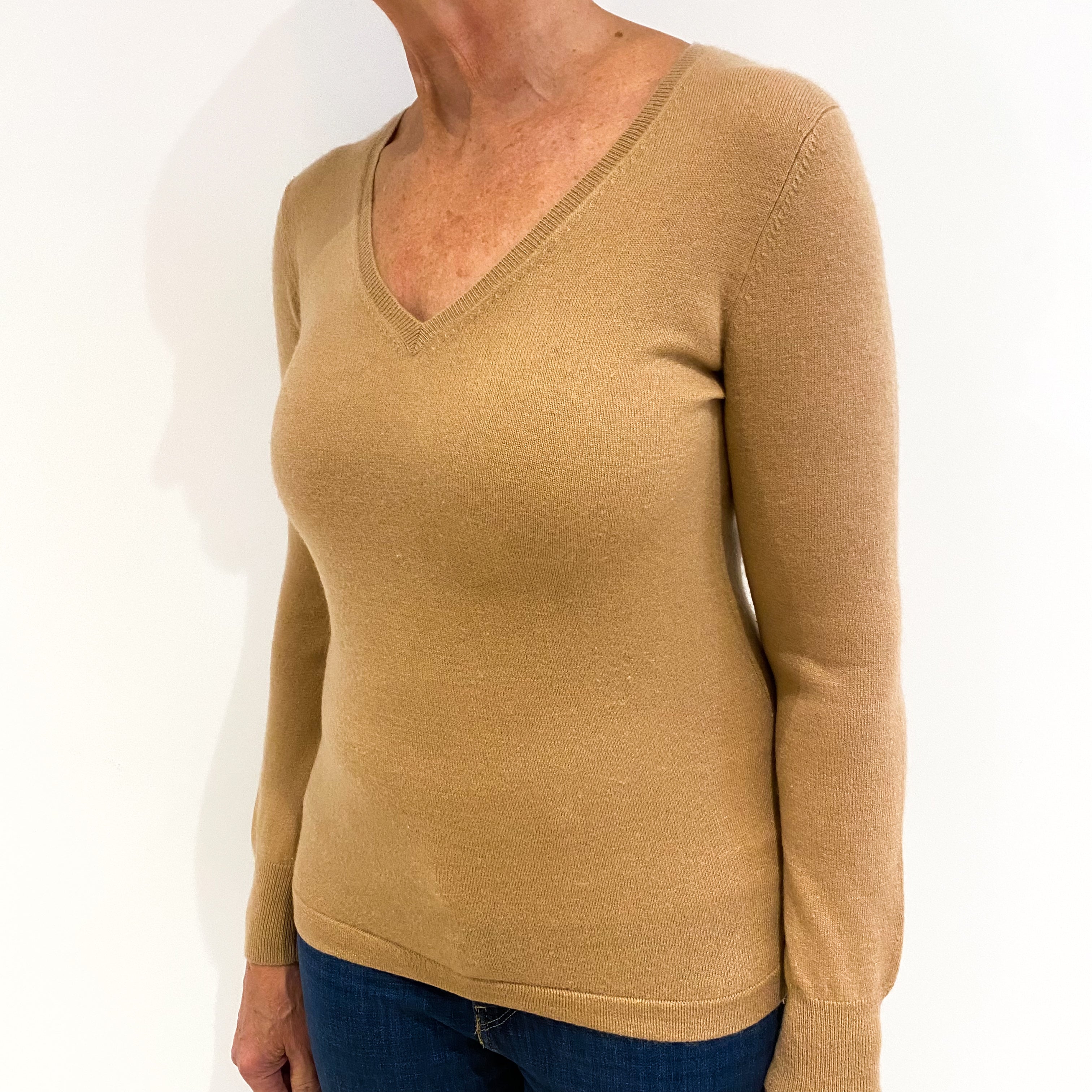 Camel Brown Cashmere V-Neck Jumper Medium