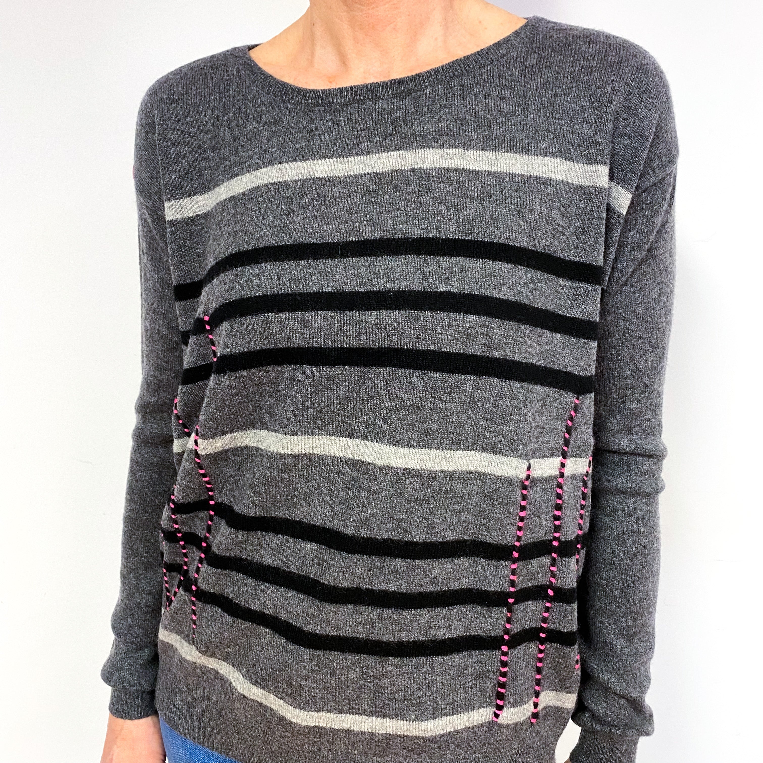 Slate Grey And Black Stripe Cashmere Crew Neck Jumper Medium