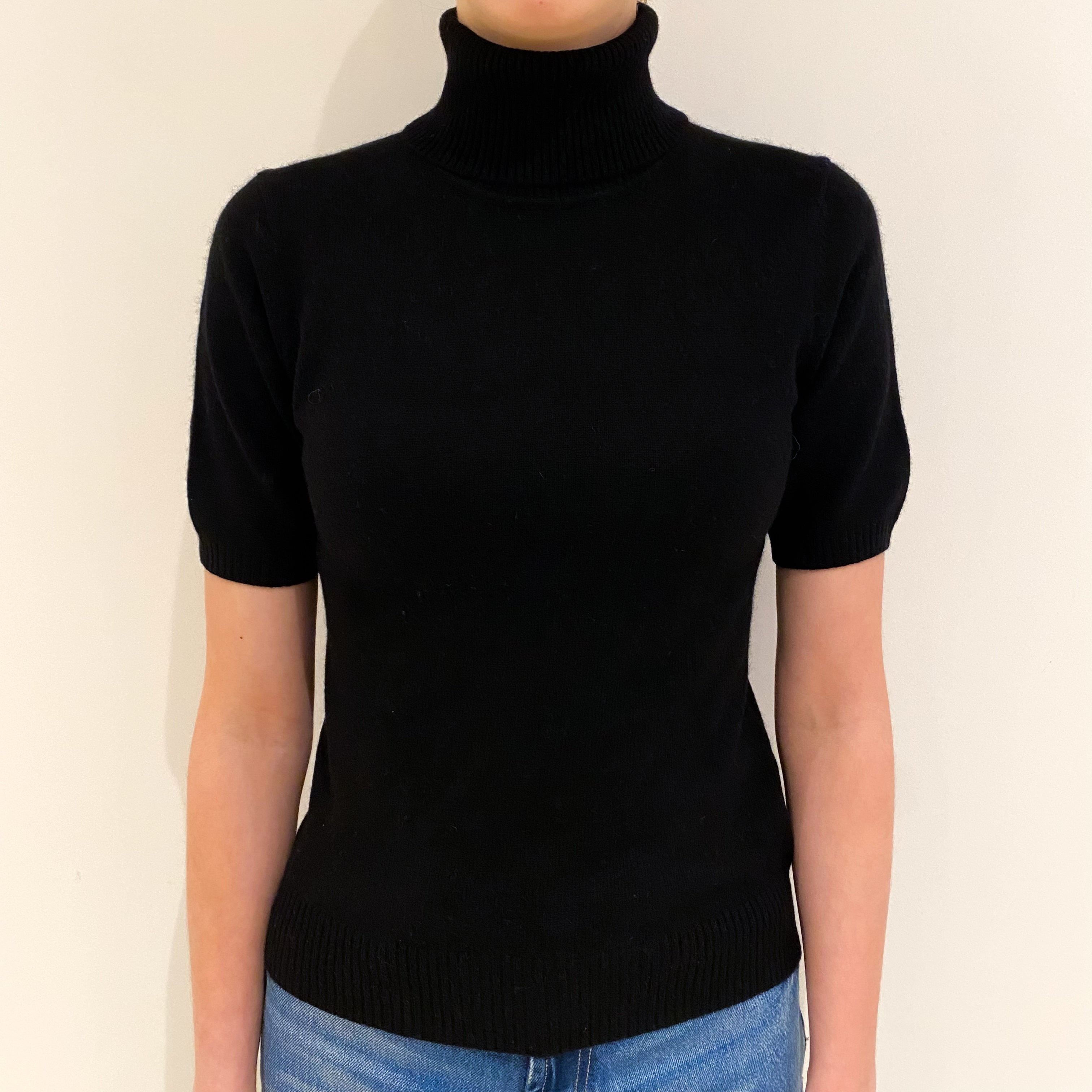 Black Cashmere Short Sleeve Polo Neck Jumper Extra Small