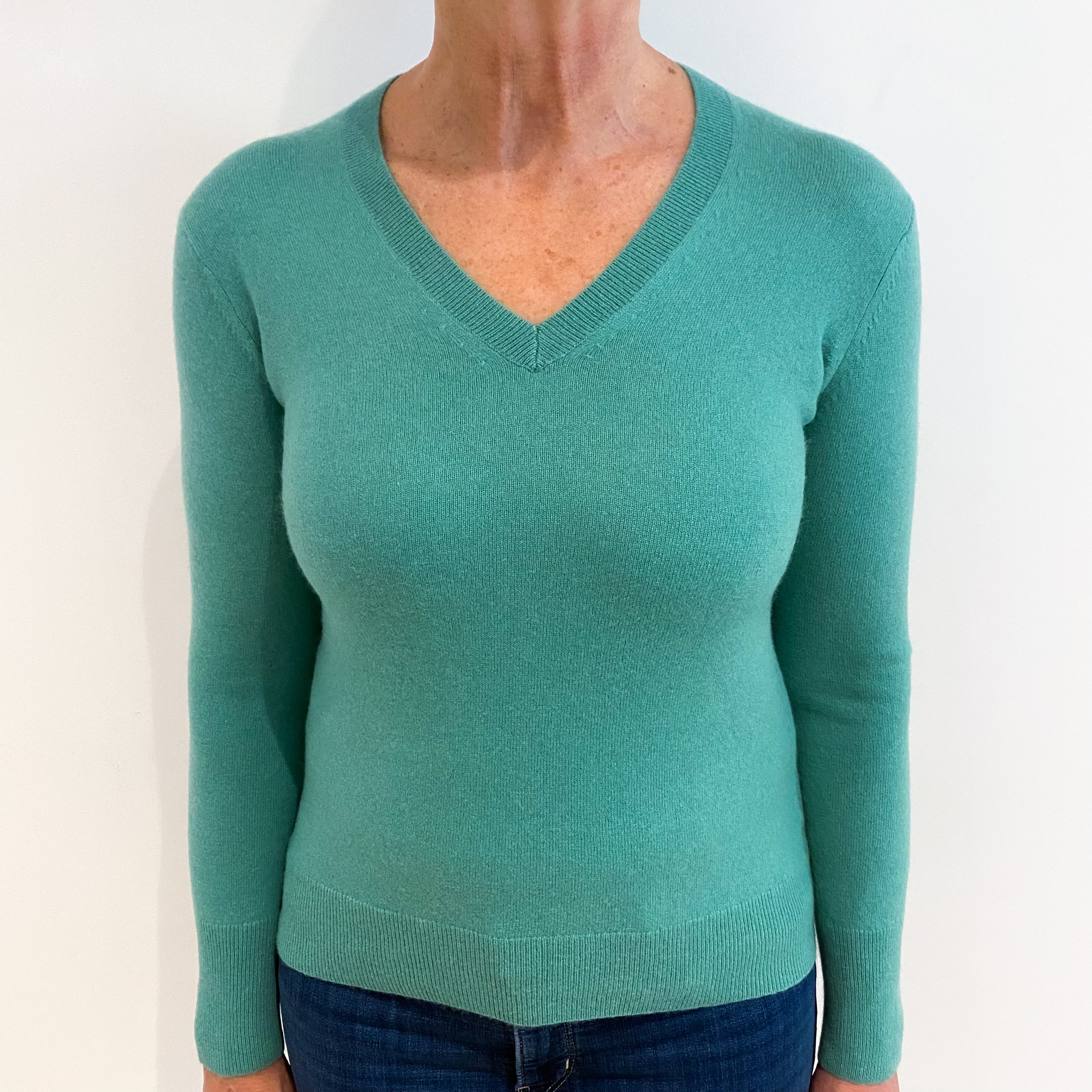 Sea Green Cashmere V Neck Jumper Medium
