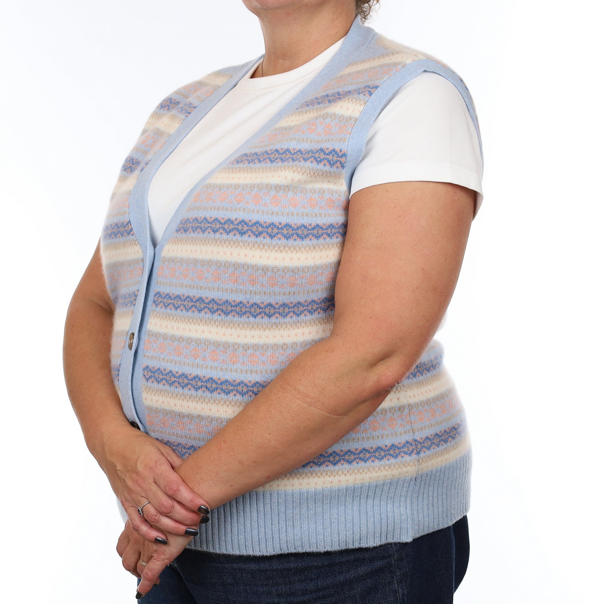 Brand New Baby Blue and Shell Pink Fair Isle Luxury Cashmere V Neck Waistcoat Extra Large UK 20-22