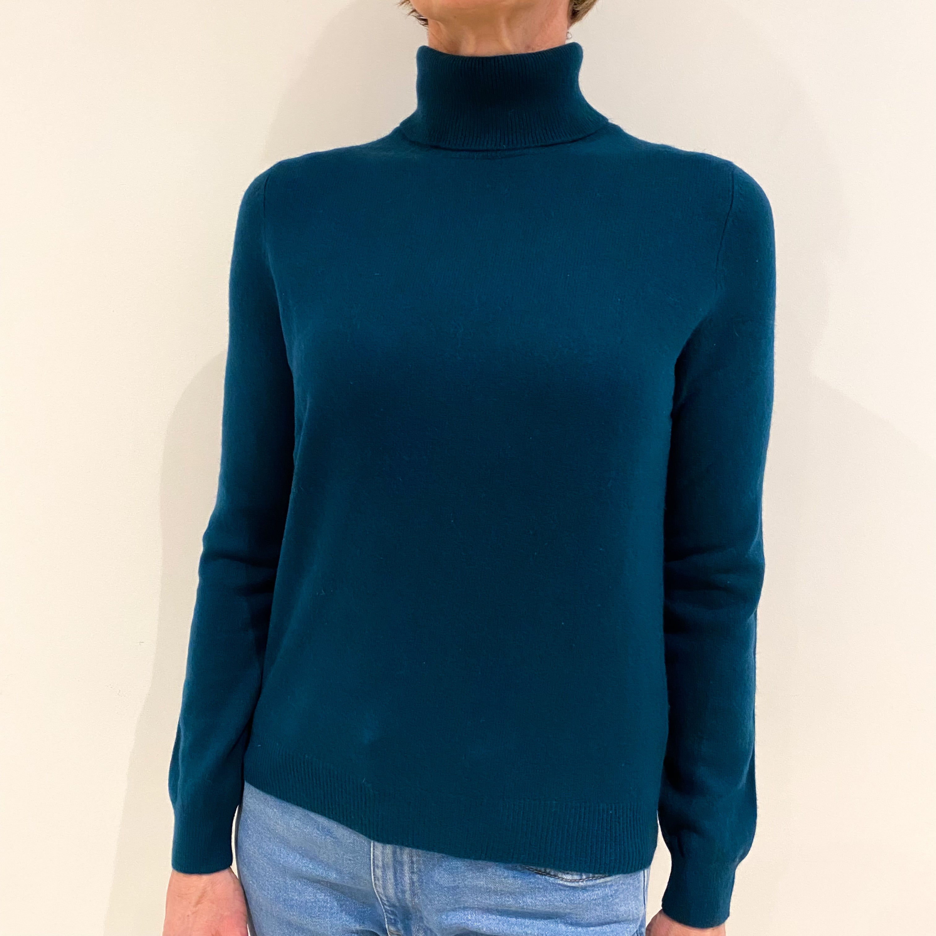 Dark Teal Green Cashmere Polo Neck Jumper Small