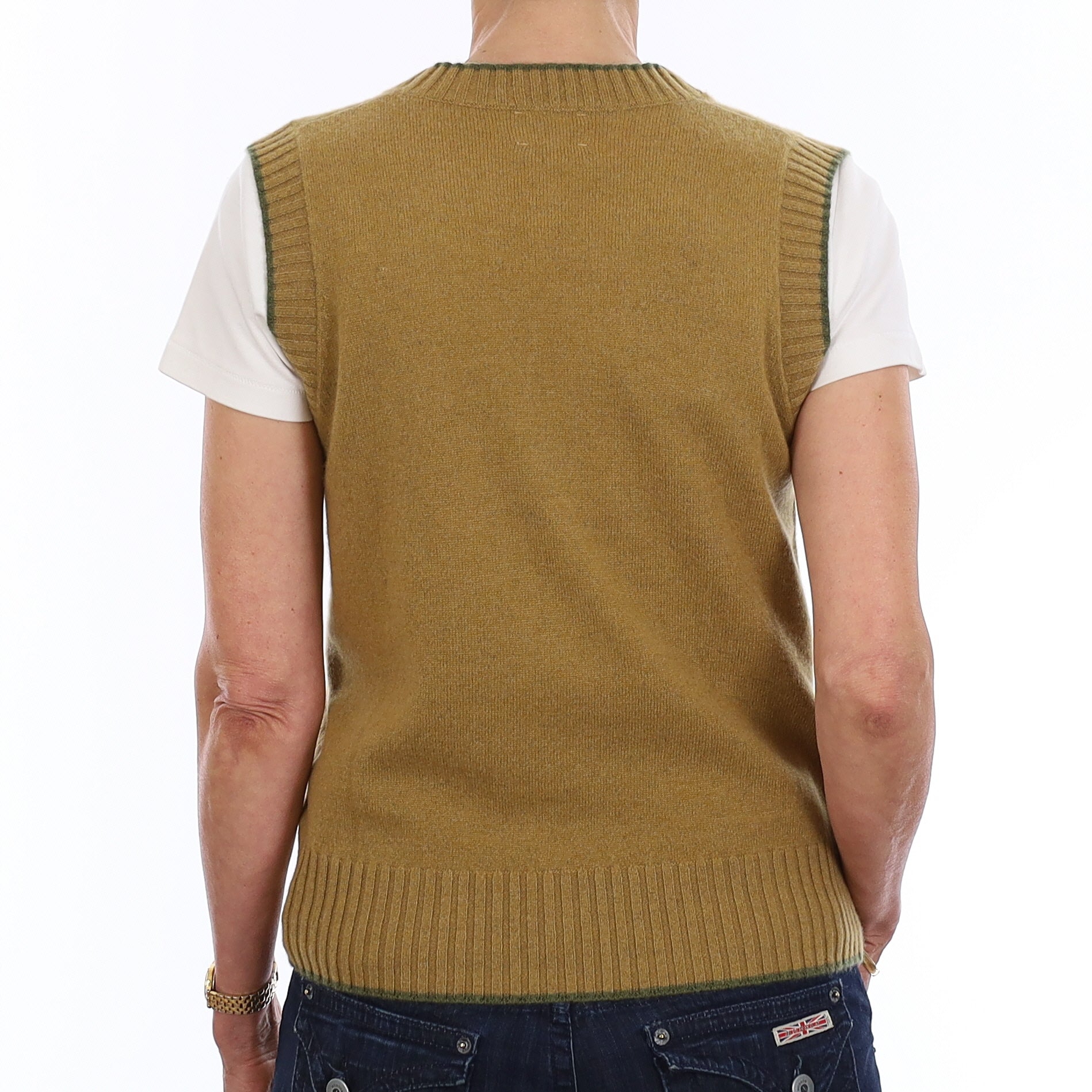 Brand New Mustard Gold and Olive Luxury Cashmere V Neck Tank Top Extra Small UK 6-8