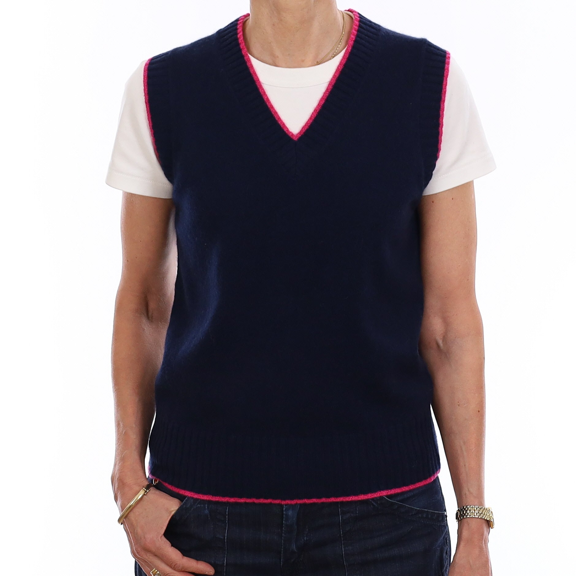 Brand New Navy and Hot Pink Luxury Cashmere V Neck Tank Top Extra Small UK 6-8