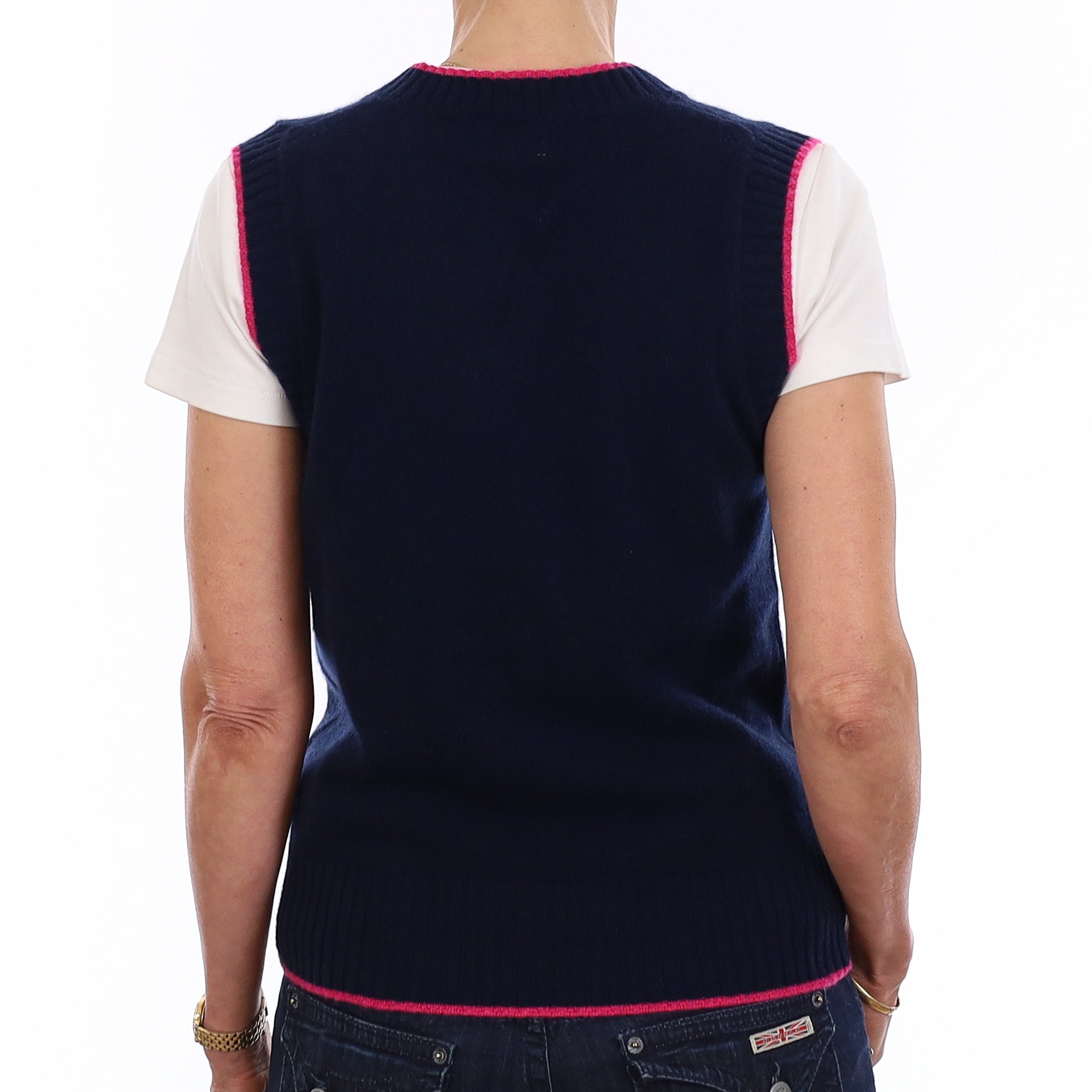 Brand New Navy and Hot Pink Luxury Cashmere V Neck Tank Top Extra Small UK 6-8