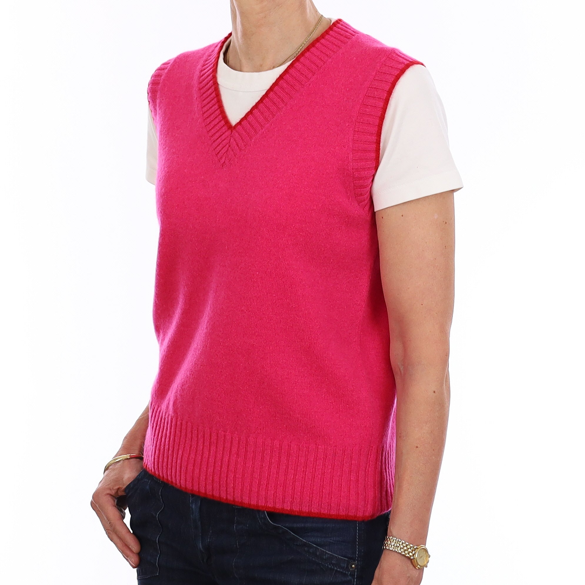 Brand New Hot Pink and Red Luxury Cashmere V Neck Tank Top Extra Small UK 6-8