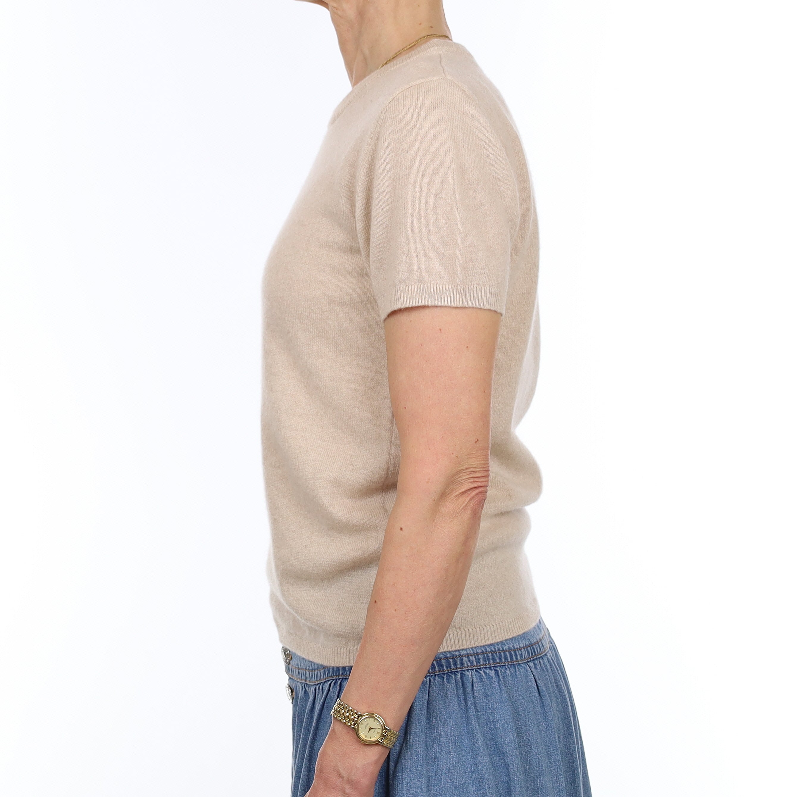 Brand New Sand Beige Cashmere Crew Neck T-Shirt Extra Small UK 6-8