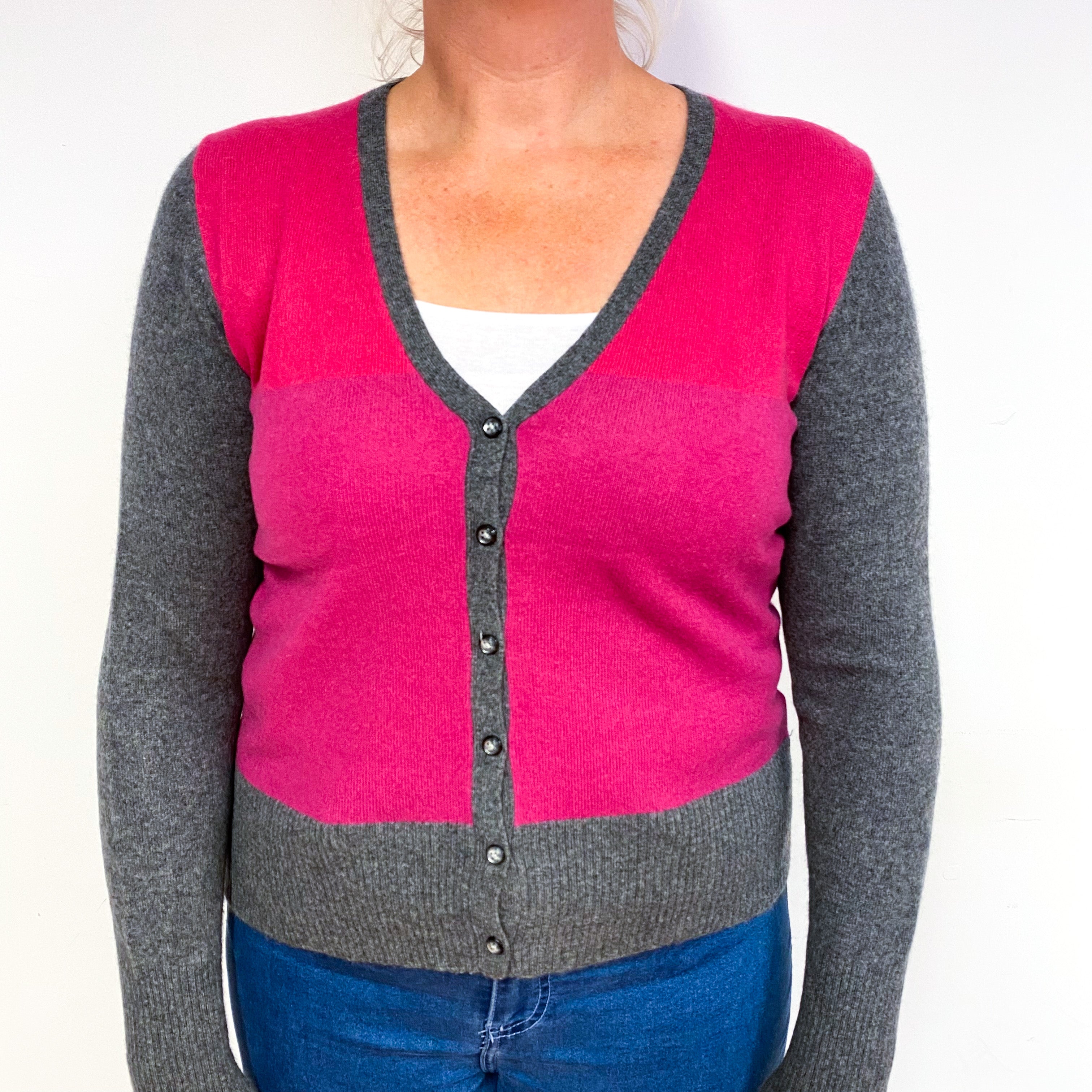 Magenta and Slate Grey Cashmere V-Neck Cardigan Large