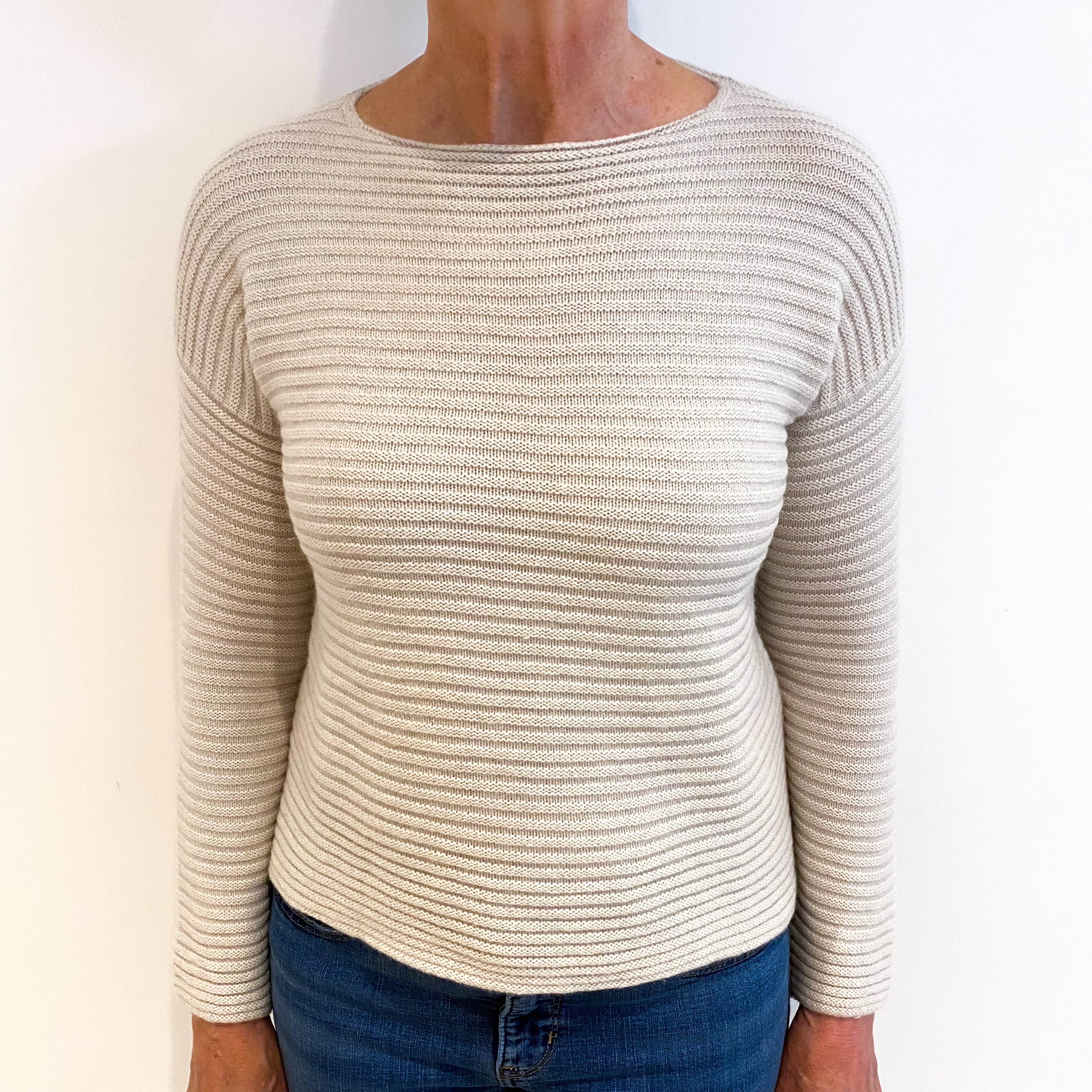 Light Cream Ribbed Cashmere Slash Neck Jumper Medium