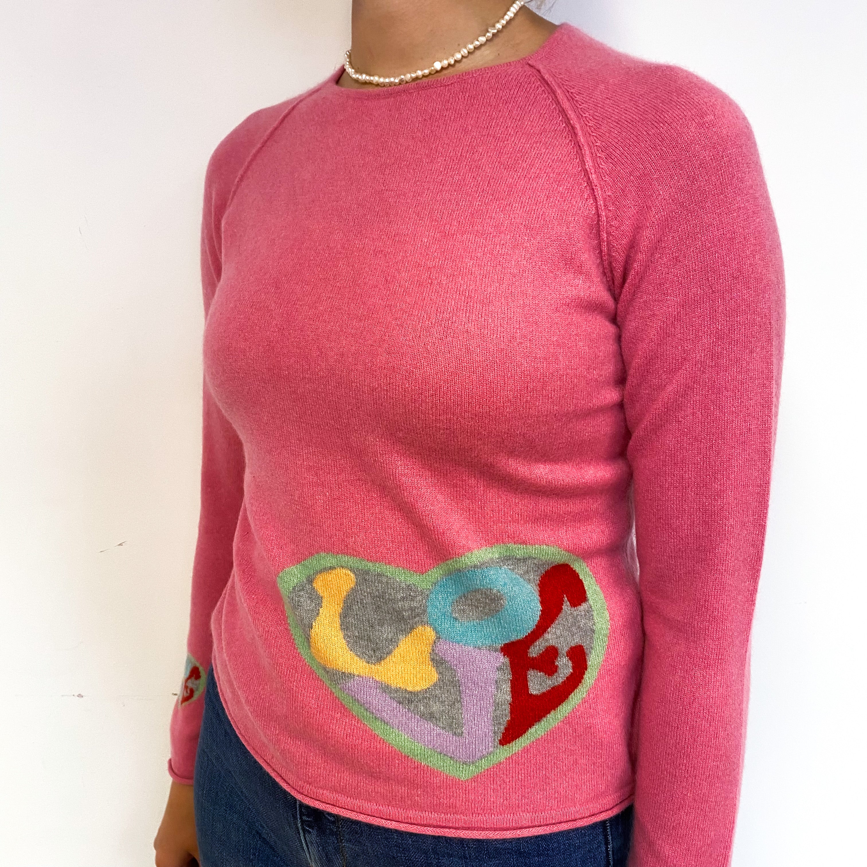 Lupin Pink ‘Love’ Slogan Cashmere Crew Neck Jumper Small
