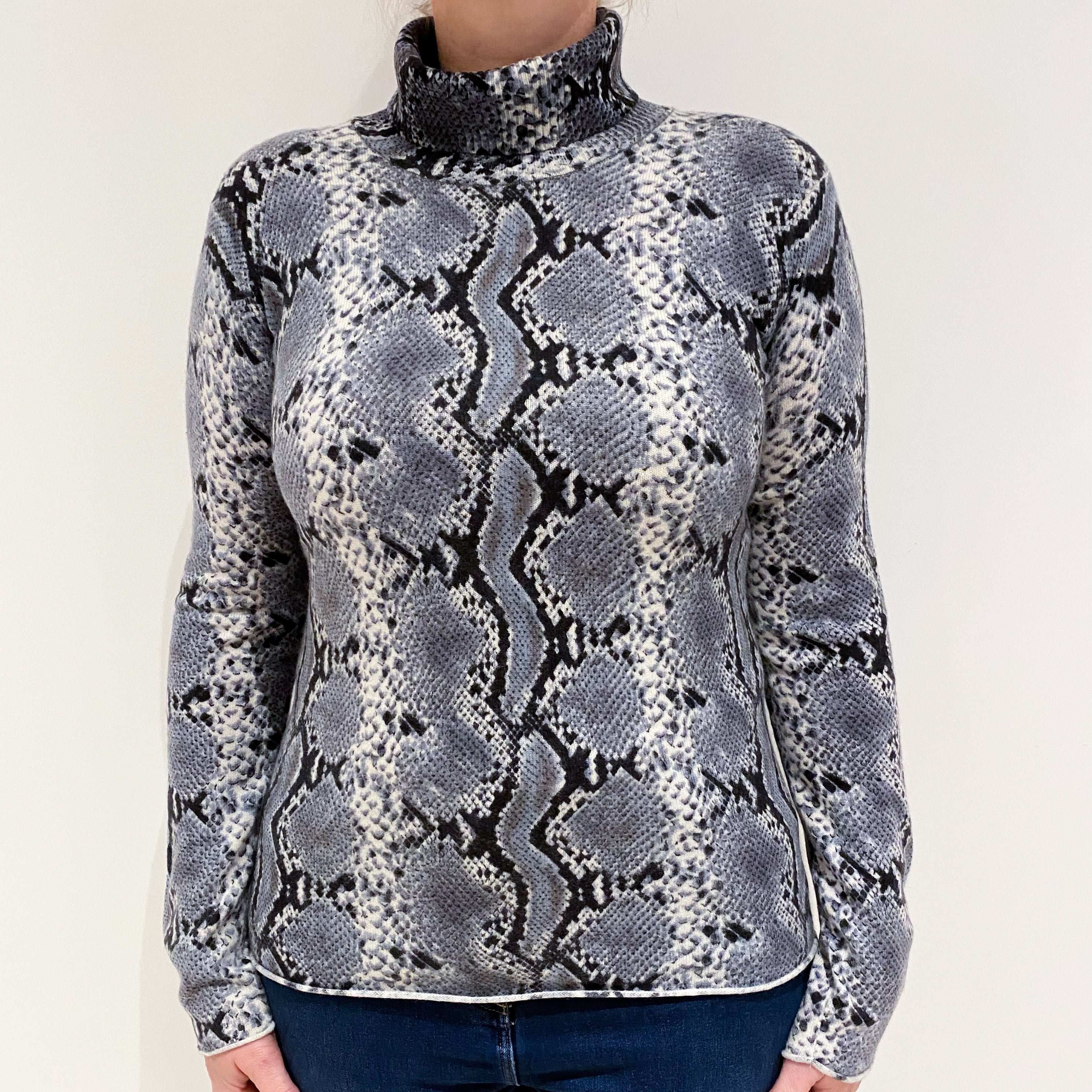 Grey Snake Print Cashmere Polo Neck Jumper Large