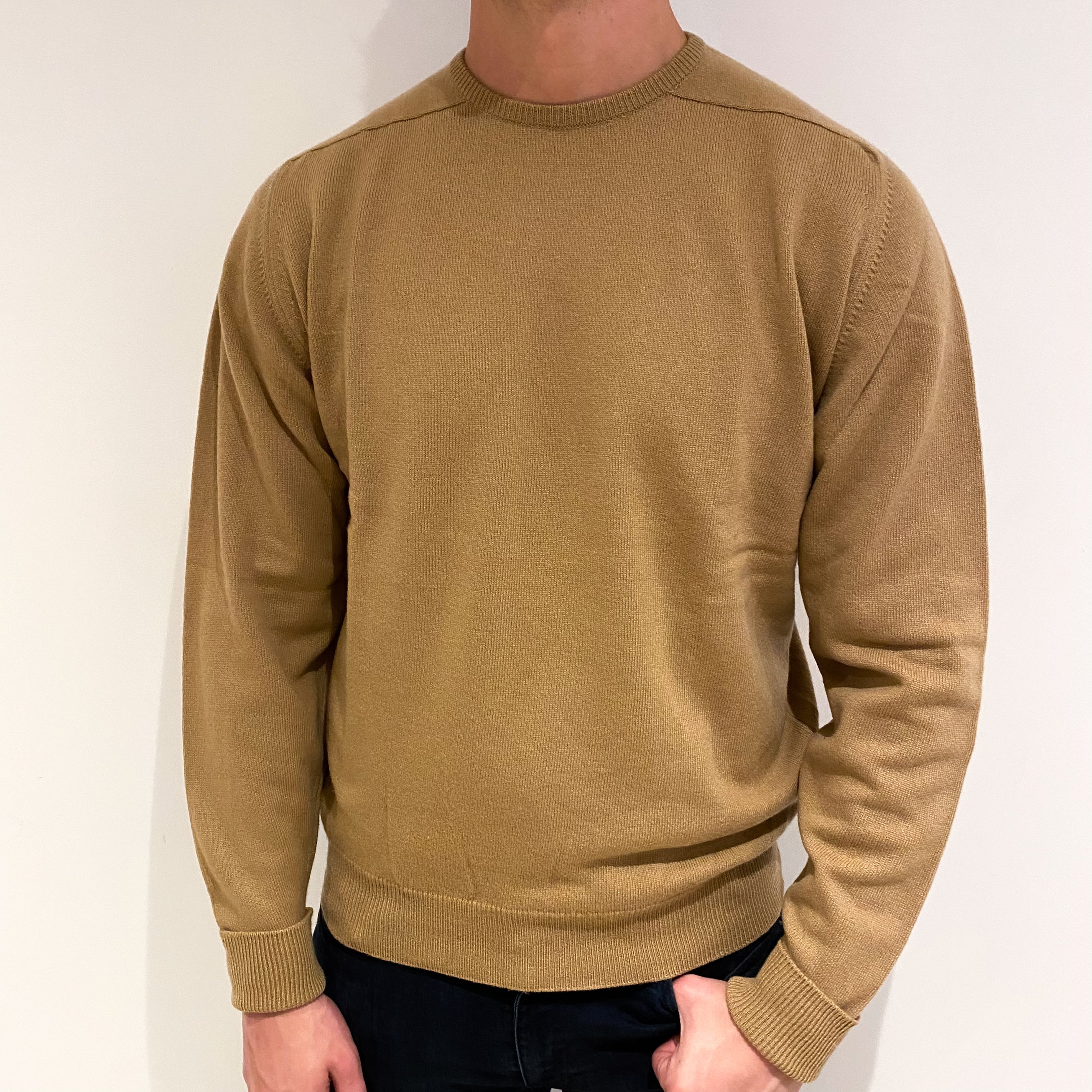 Men's Vintage Scottish Camel Brown Cashmere Crew Neck Jumper XL