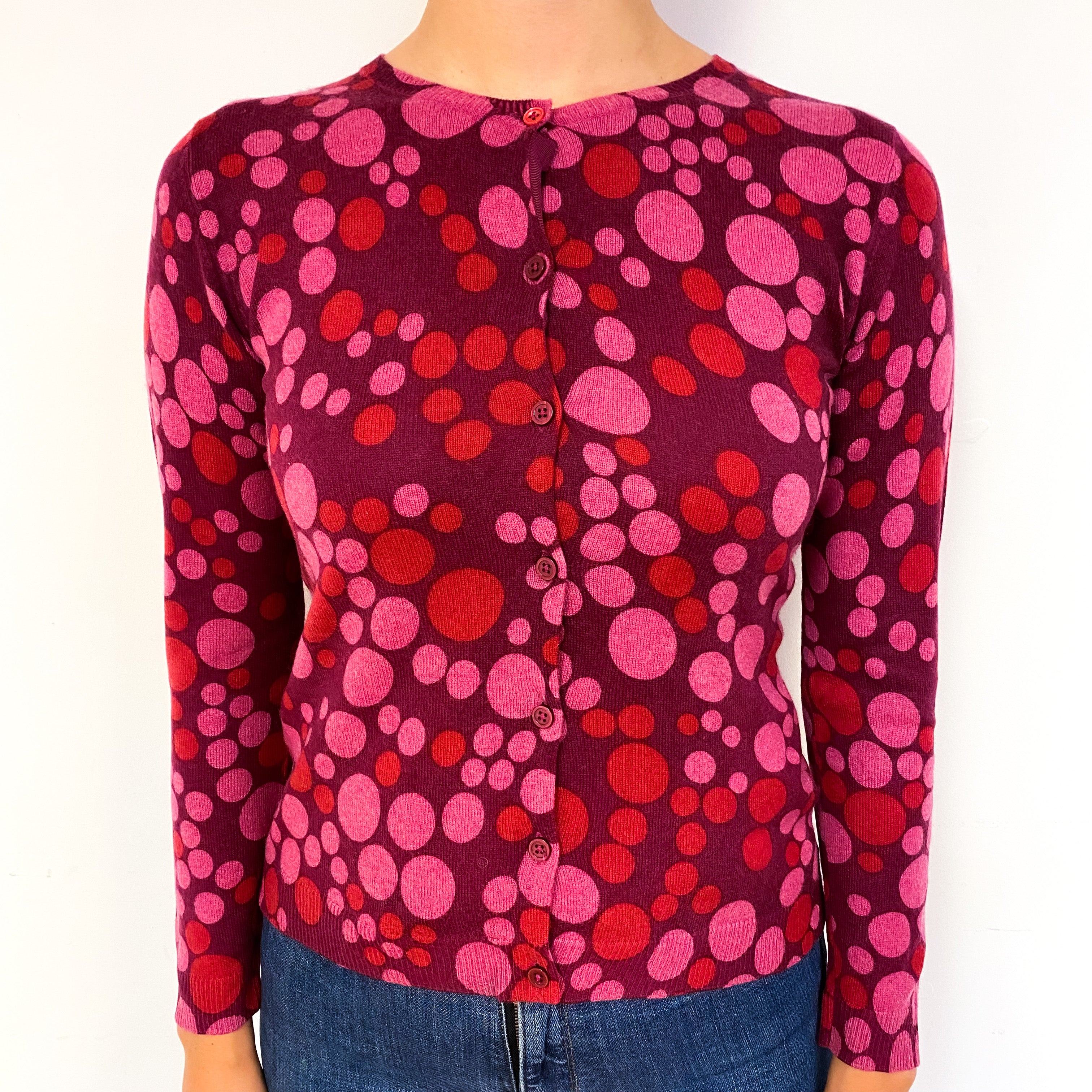 Mulberry Purple Pink Bubble Cashmere Crew Neck Cardigan Small