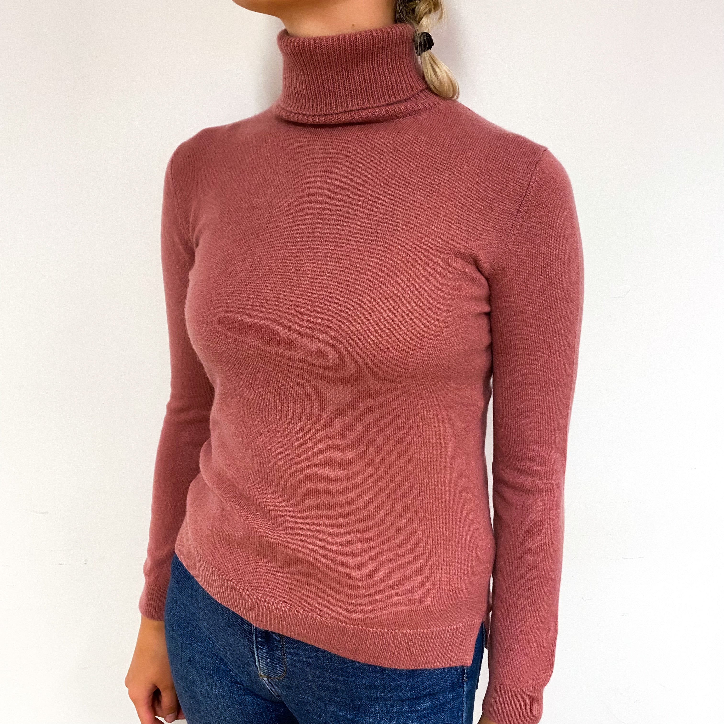 Terracotta Pink Cashmere Polo Neck Jumper Small