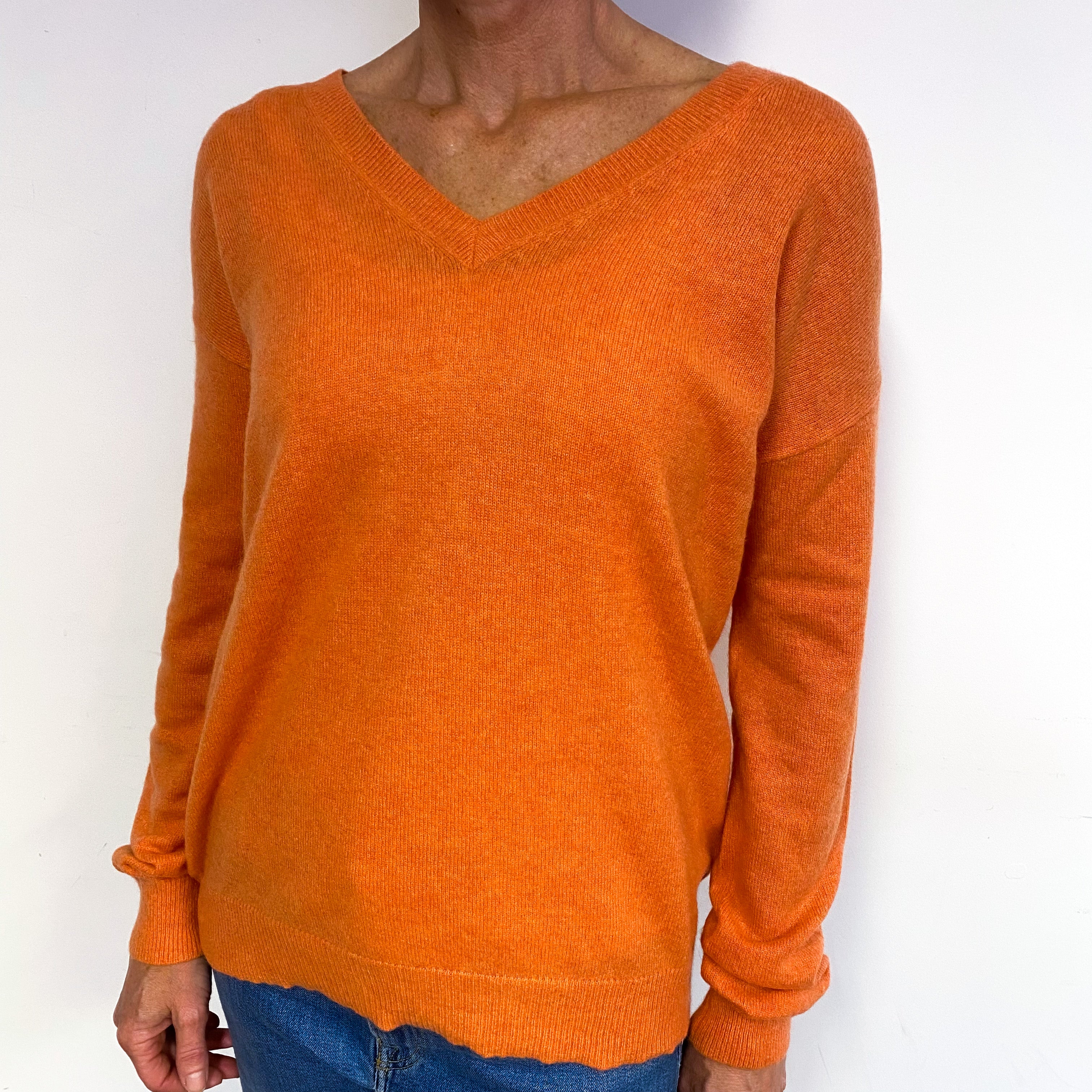 Tangerine Orange Popper Back Cashmere V-Neck Jumper Medium