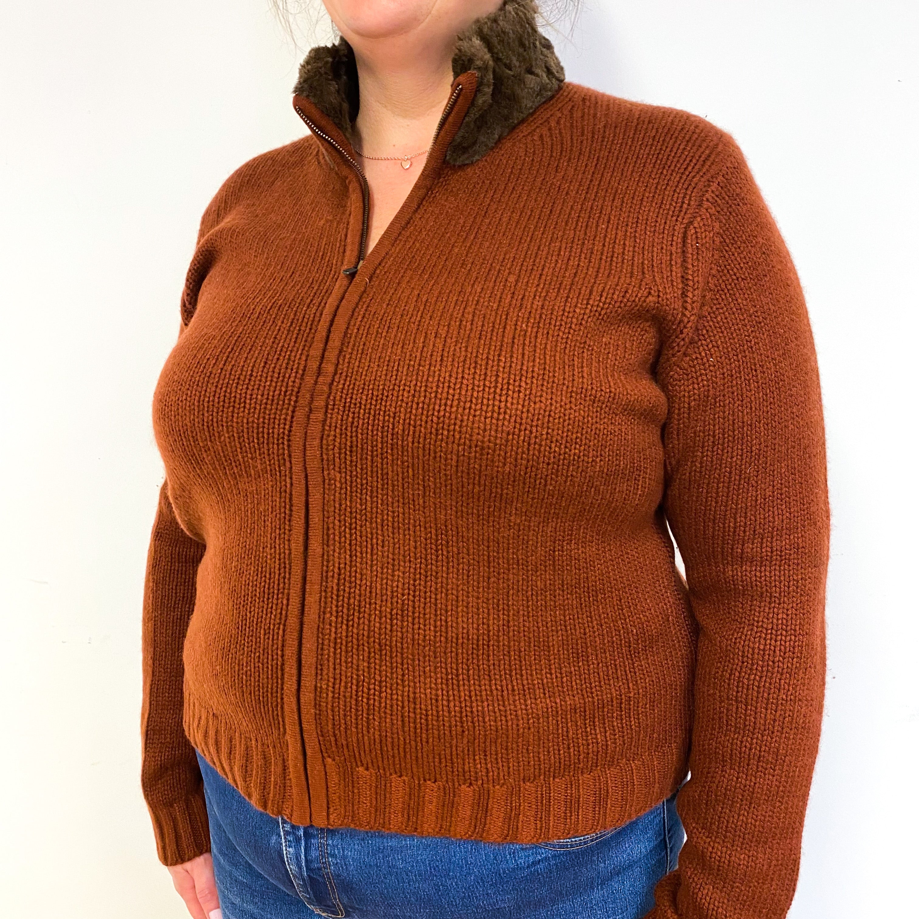 Rust Brown Chunky Cashmere Zip Front Cardigan Extra Large