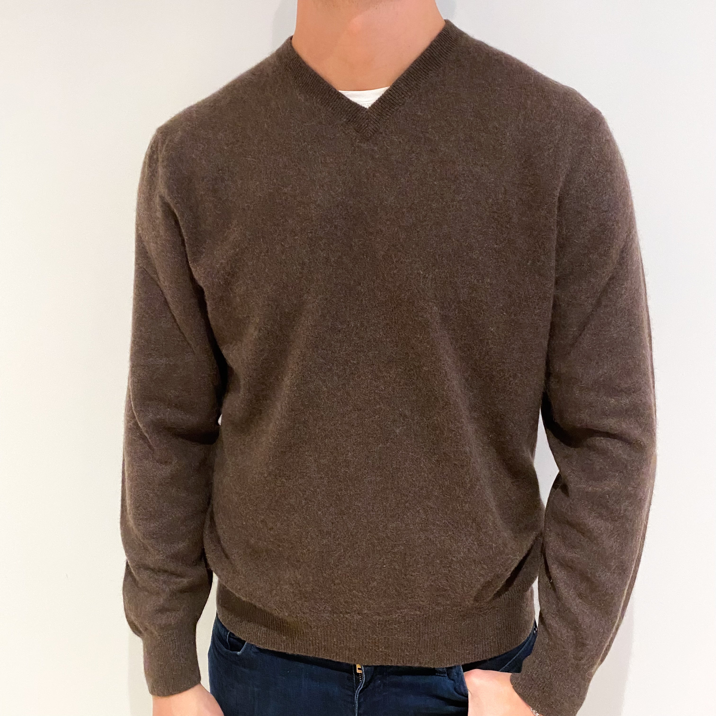 Men's Donkey Brown Cashmere V Neck Jumper XL