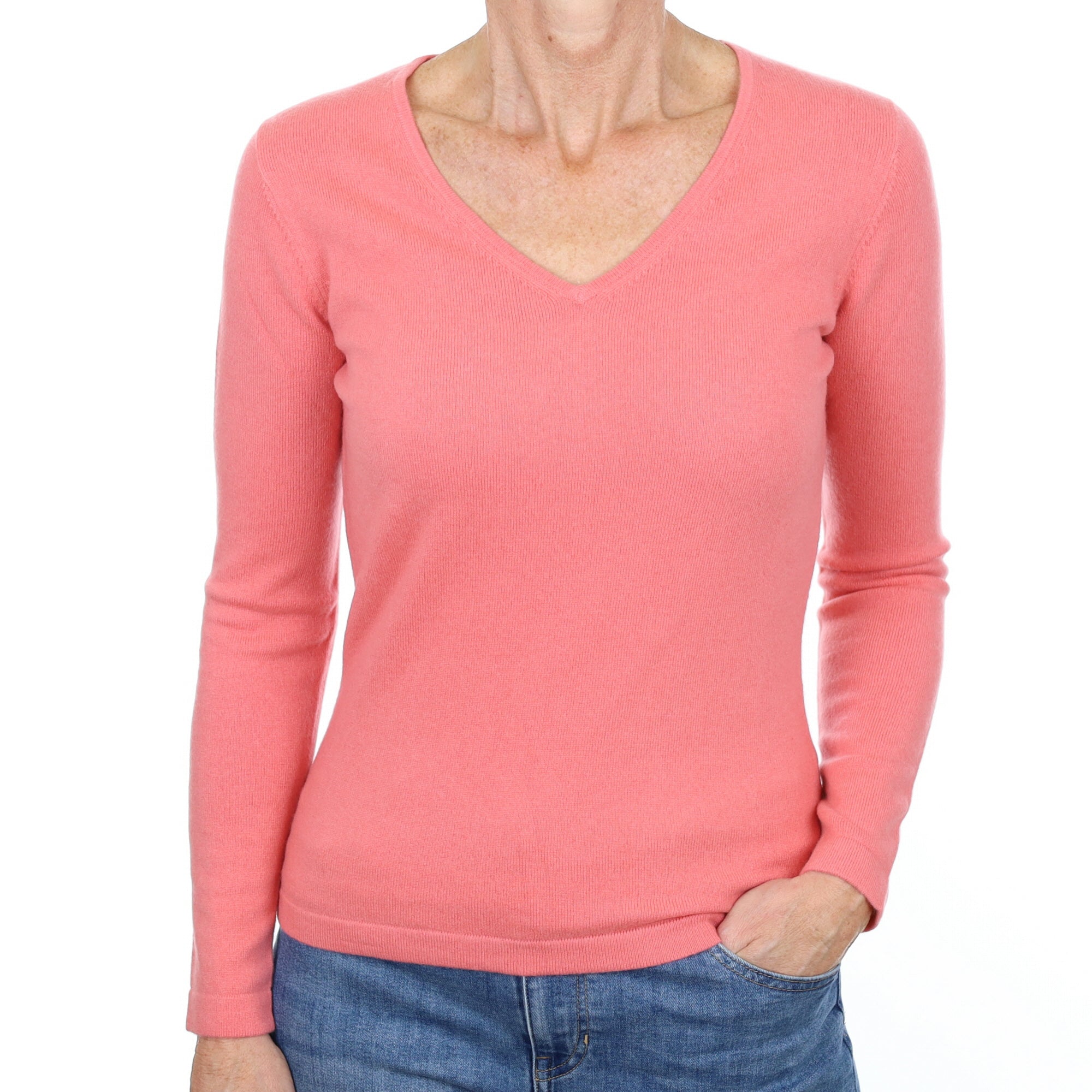 New Coral Pink Cashmere V Neck Jumper Small