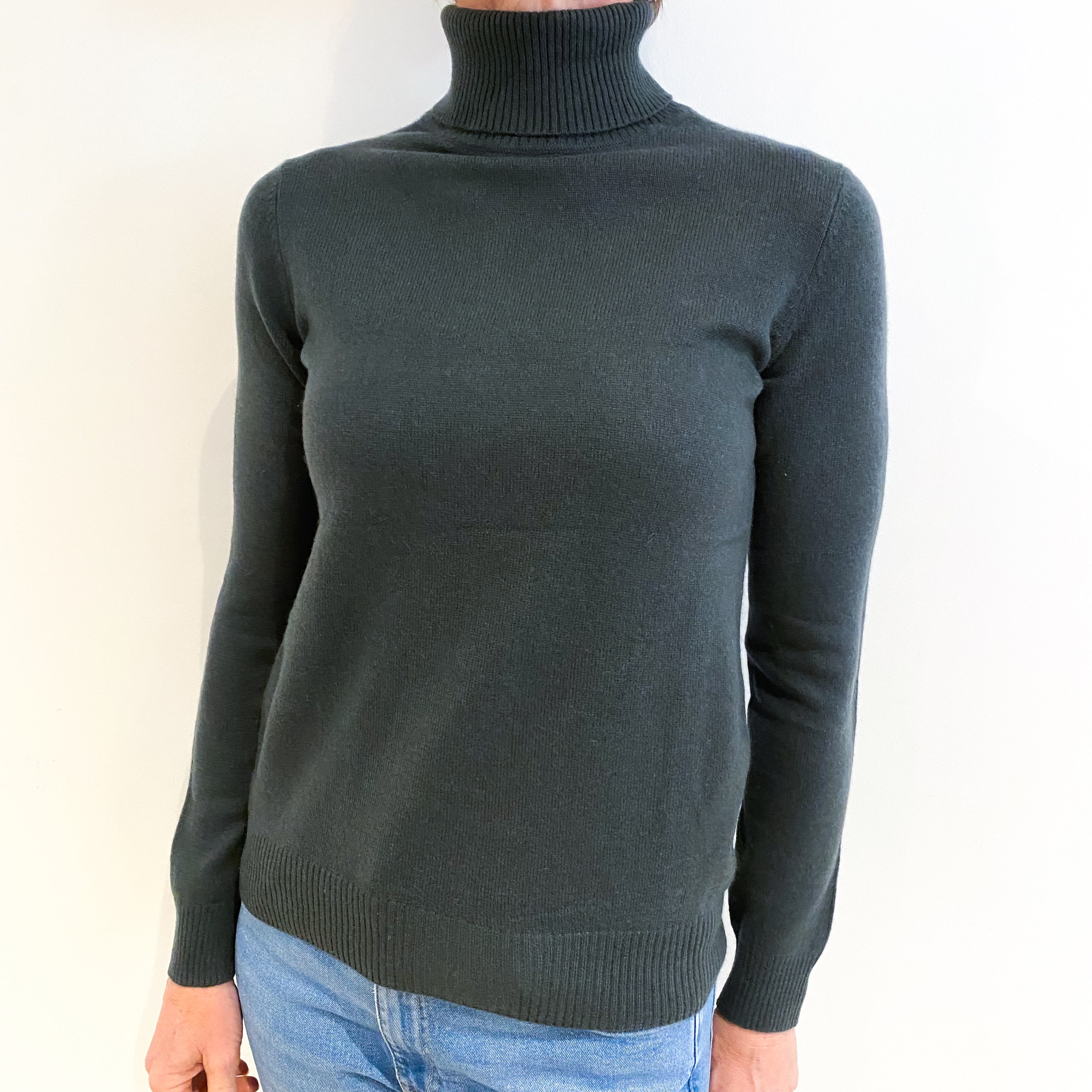 Deep Khaki Grey Cashmere Polo Neck Jumper Small