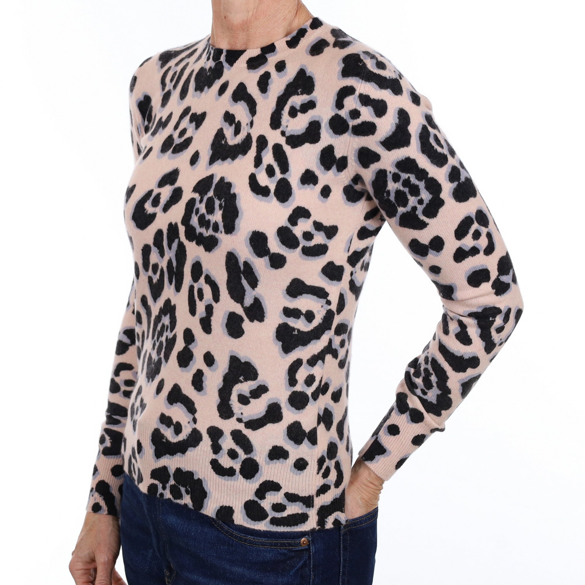 Shell Pink Animal Print Cashmere Crew Neck Jumper Small