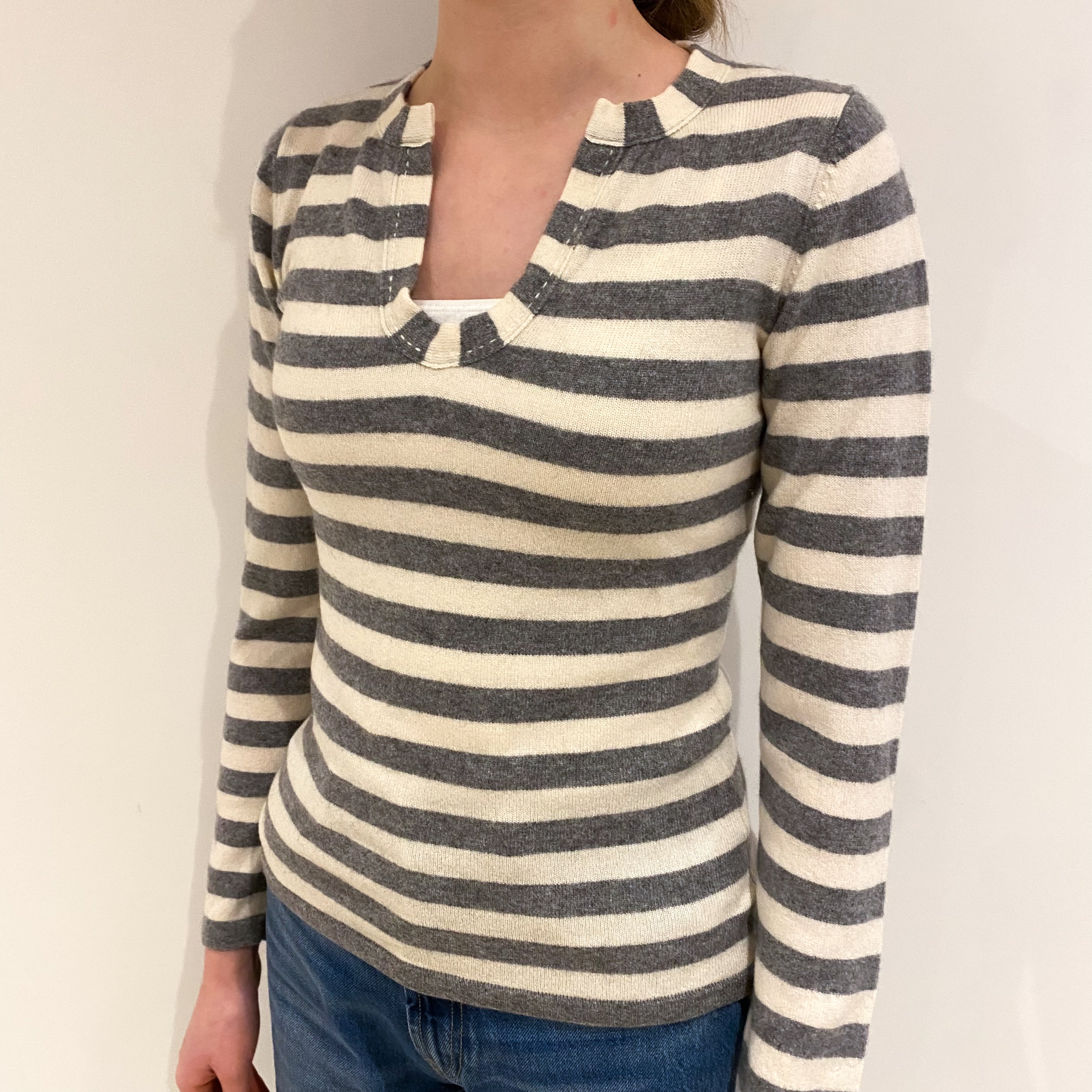 Grey and Cream Stripe Cashmere Notch Neck Jumper Extra Small