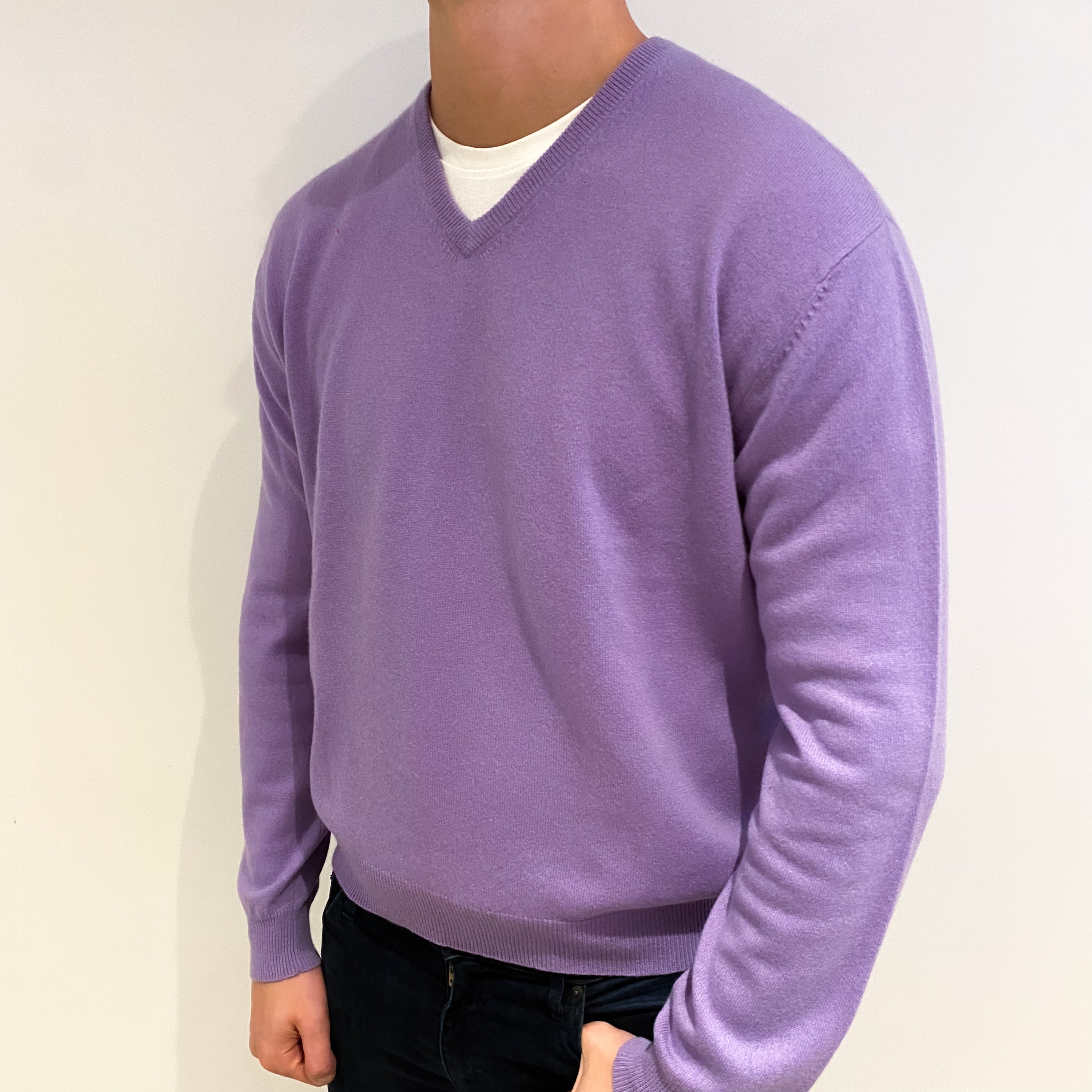 Men's Lavender Purple Cashmere V Neck Jumper XXL