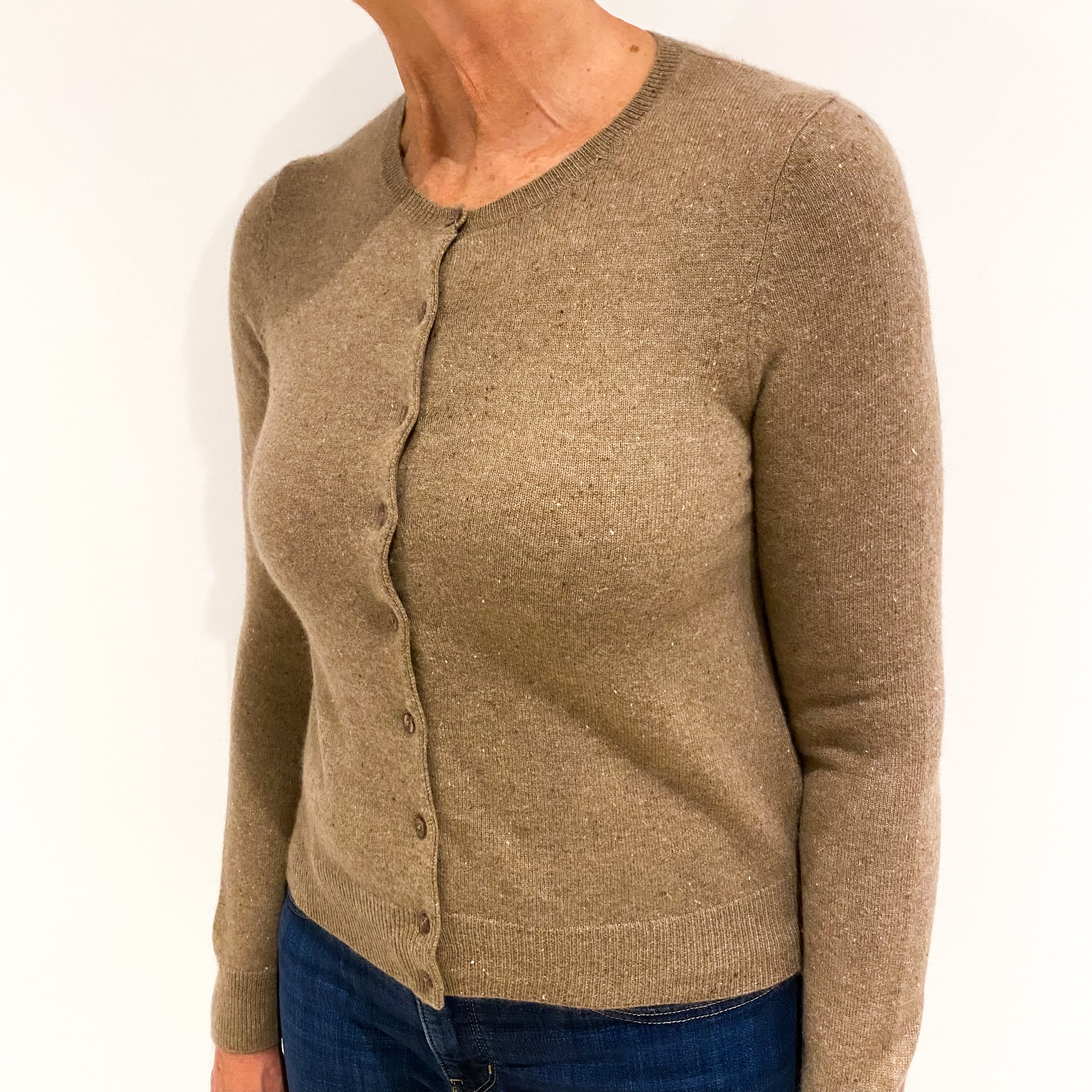 Toffee Brown Flecked Cashmere Crew Neck Cardigan Medium