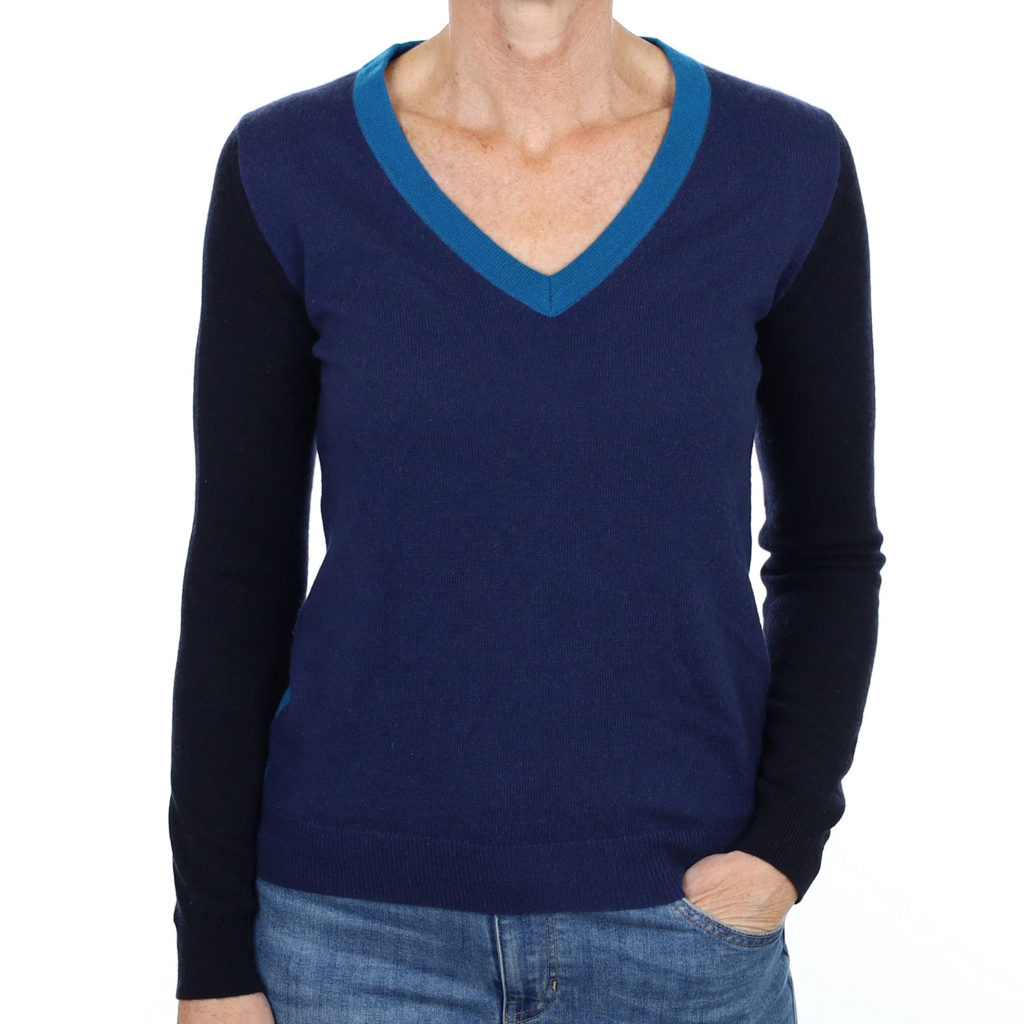 Blue Colour Block Cashmere V Neck Jumper Small