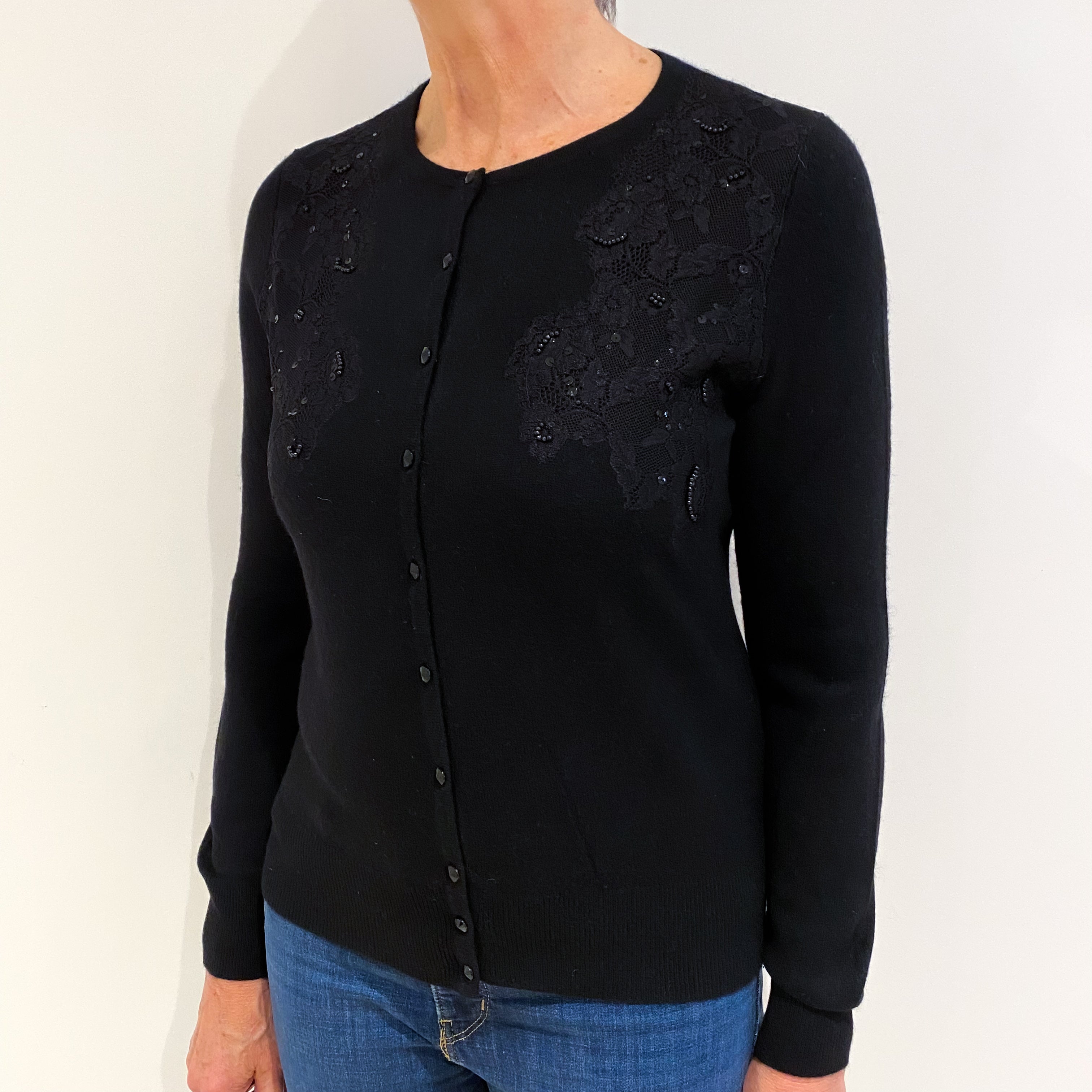 Black Cashmere Crew Neck Cardigan Medium