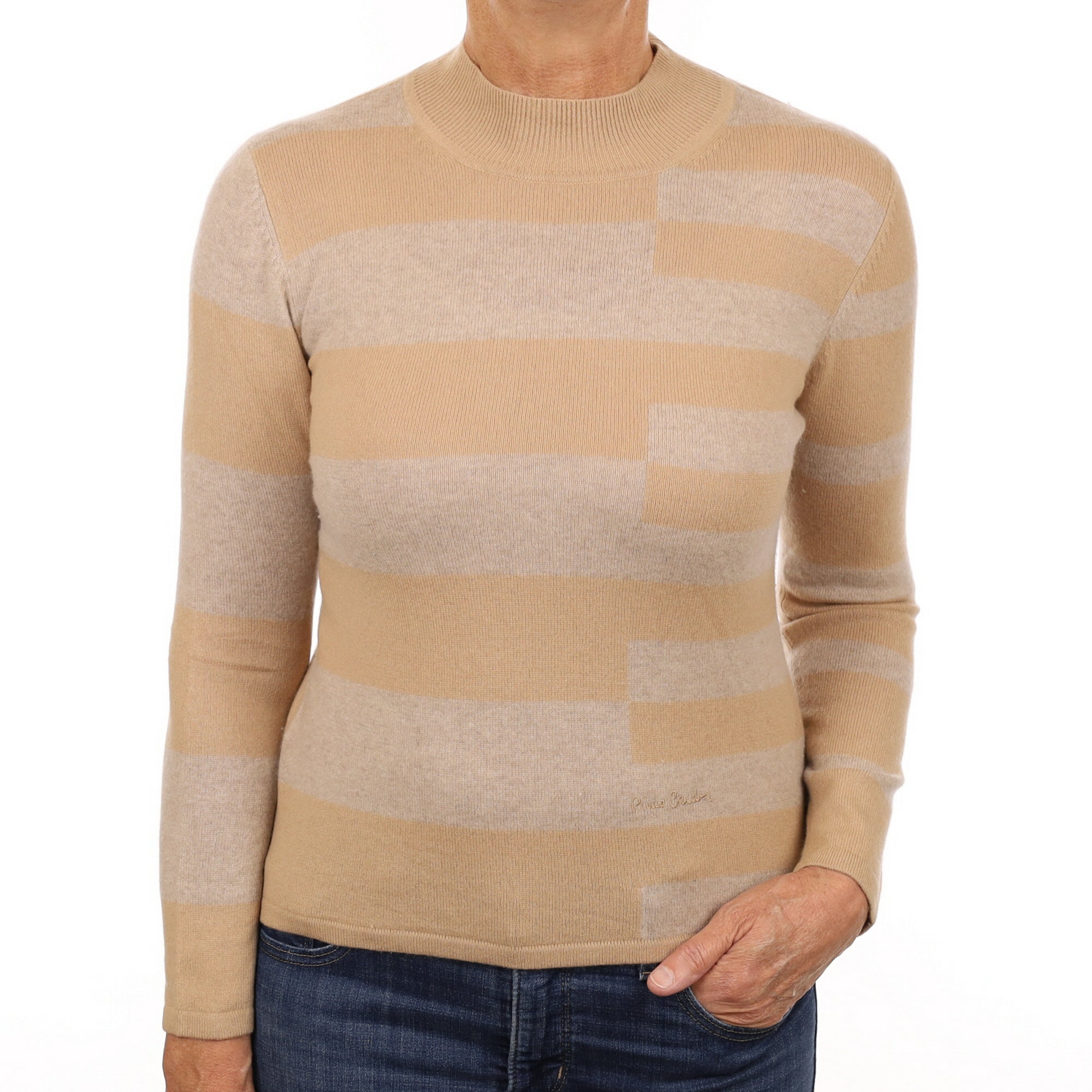 Camel Fawn Stripe Cashmere Turtle Neck Jumper Medium