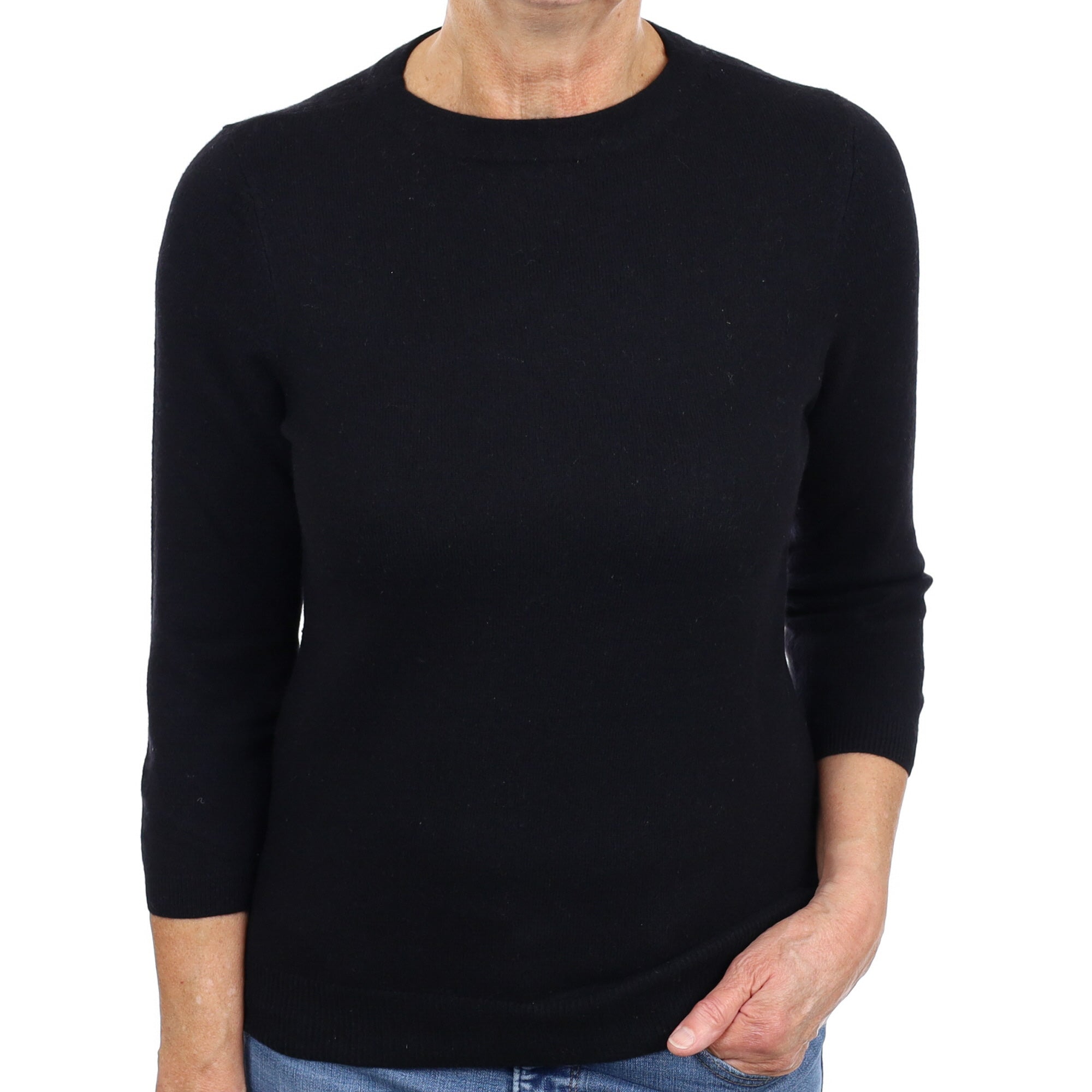 Black Cashmere 3/4 Sleeve Crew Neck Jumper Medium