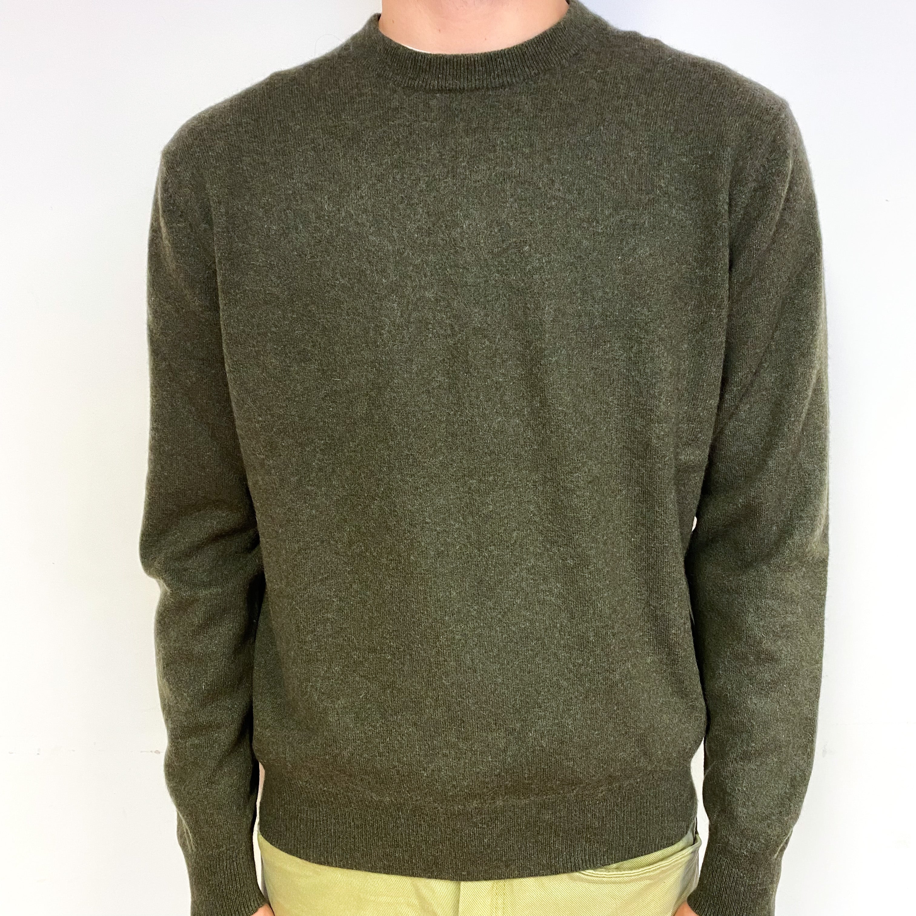 Men's Khaki Green Cashmere Crew Neck Jumper Large