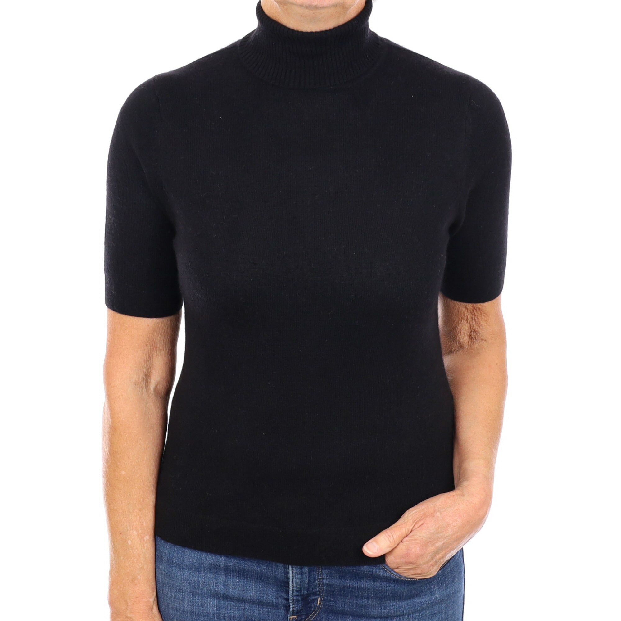Black Cashmere Short Sleeve Polo Neck Jumper Medium
