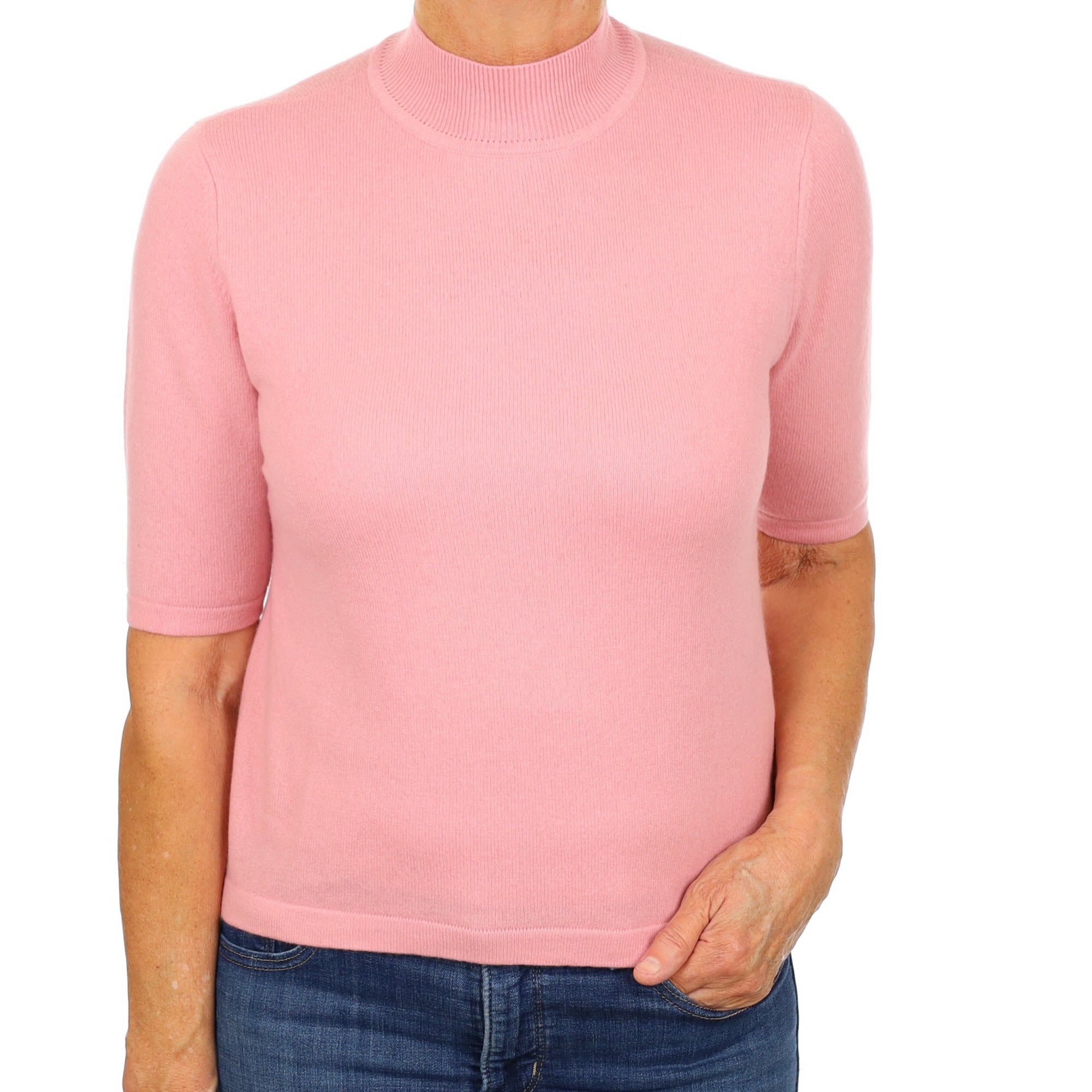Flamingo Pink Cashmere Turtle Neck Short Sleeved Jumper Medium