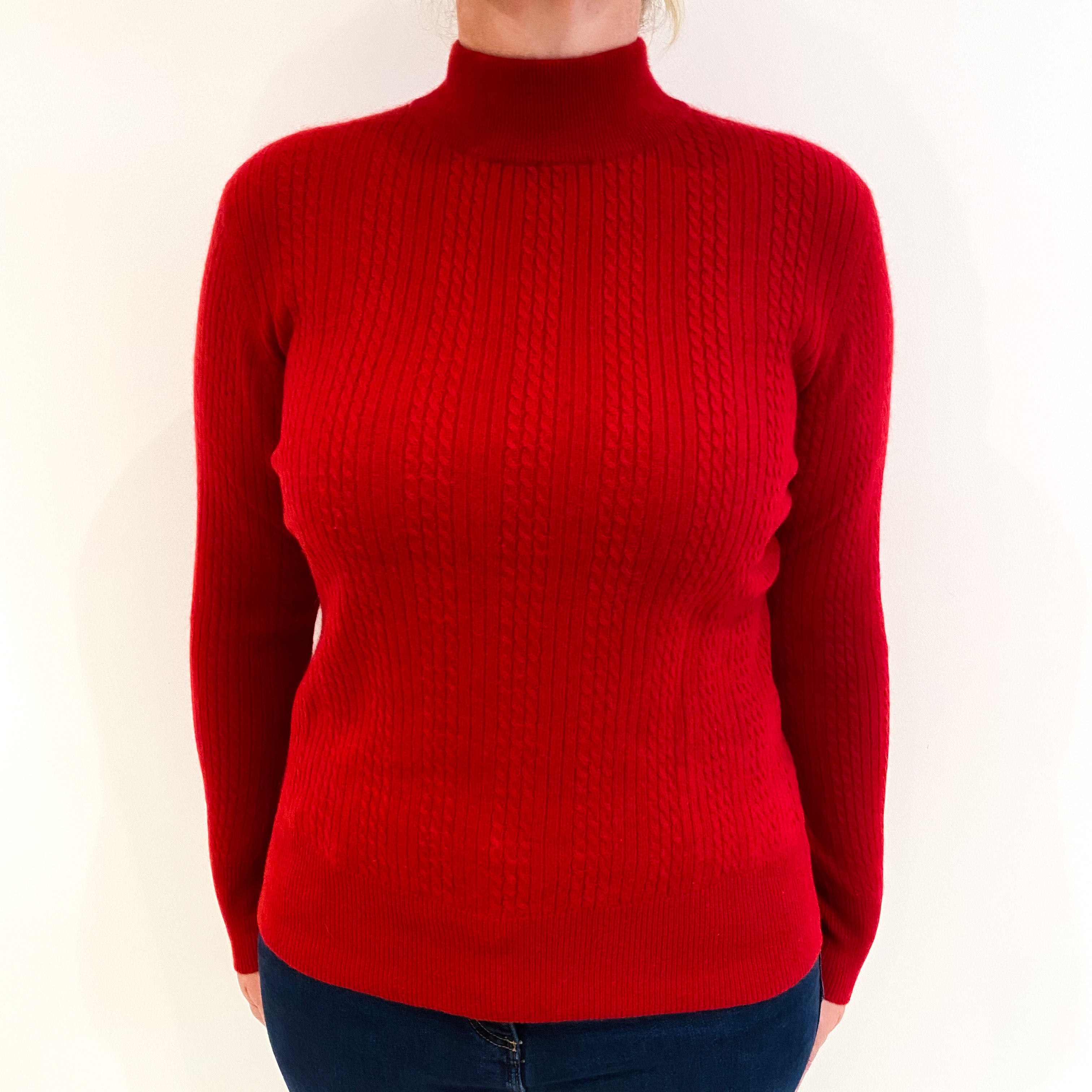 Post Box Red Cable Knit Cashmere Polo Neck Jumper Large