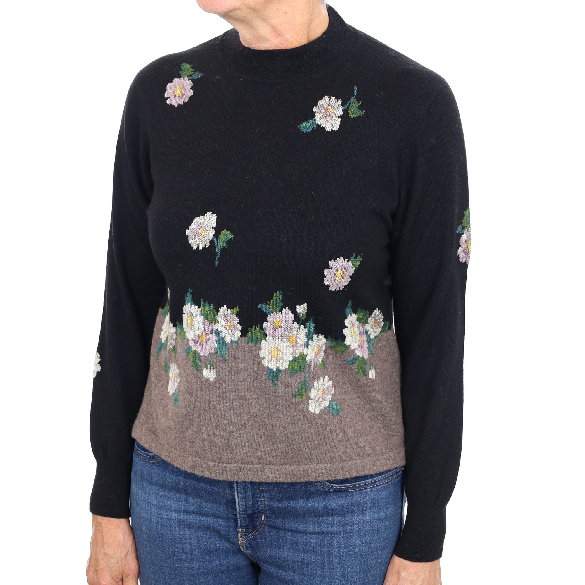 Black and Mocha Floral Cashmere Turtle Neck Jumper Medium