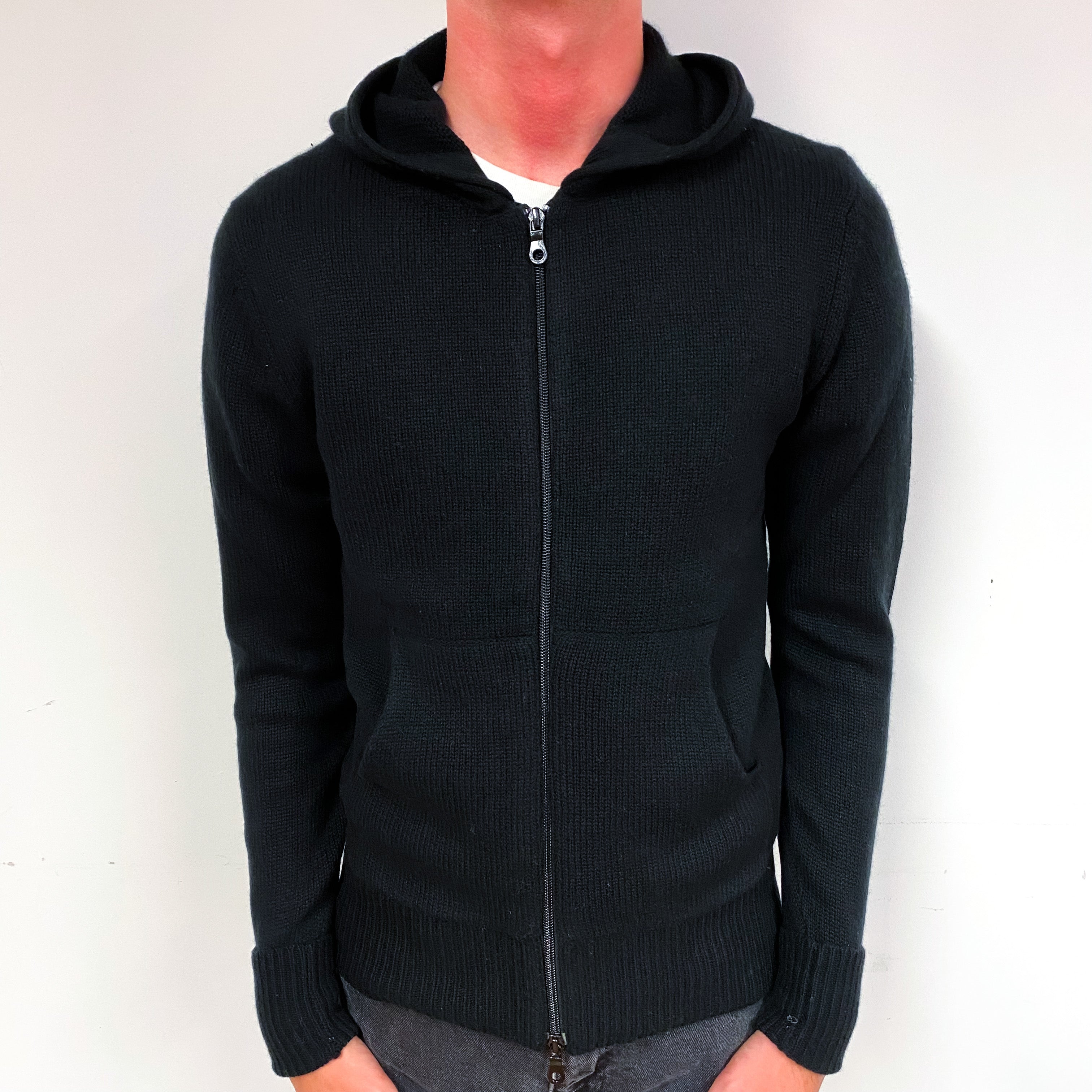Men's Black Cashmere Zip Up Hoodie with Pockets Small