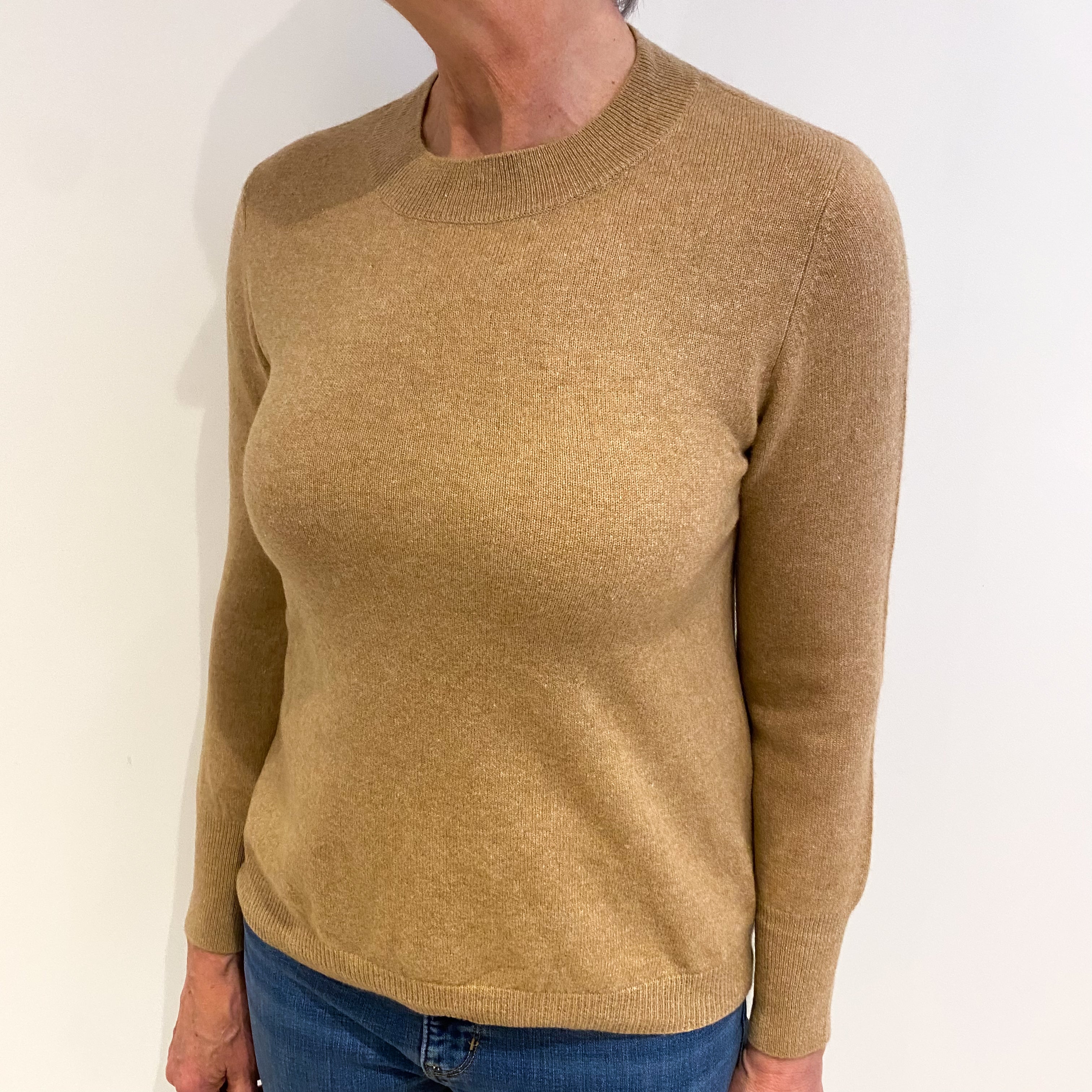 Camel Brown Cashmere Crew Neck Jumper Medium