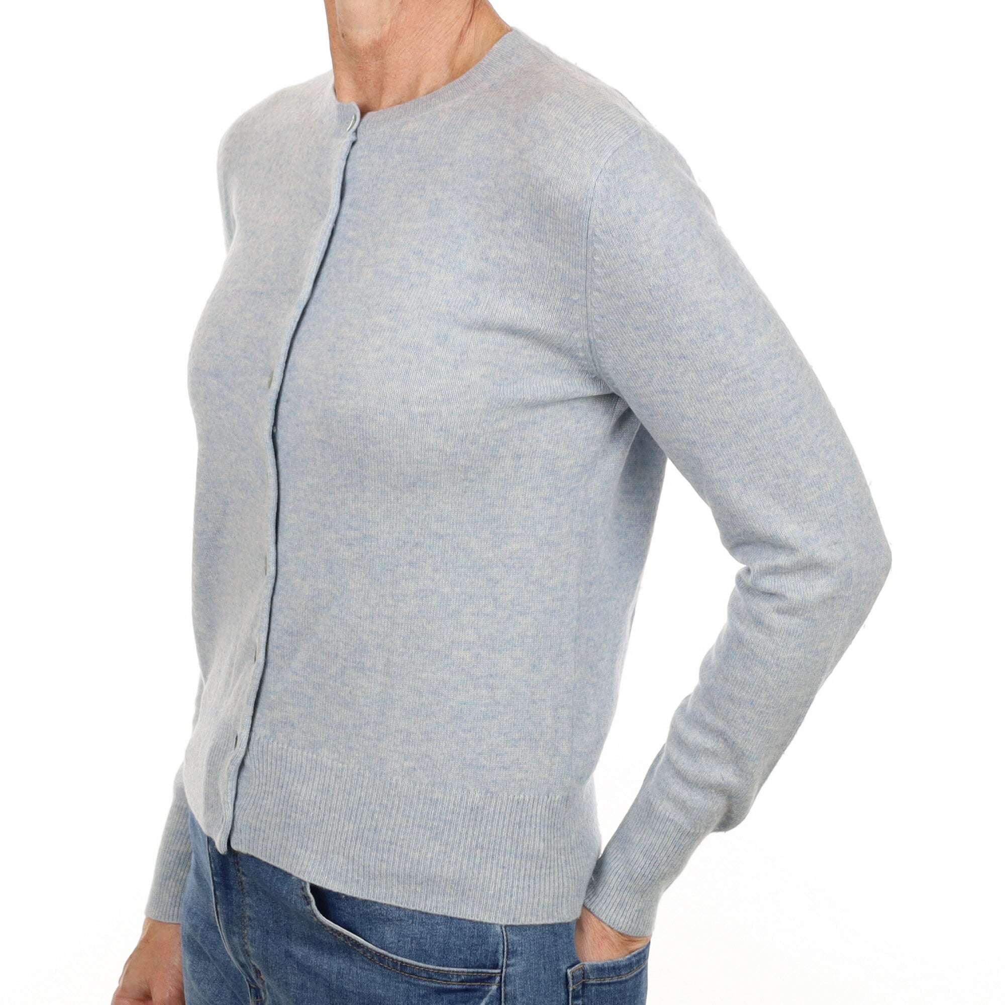Opal Blue Marl Cashmere Crew Neck Cardigan Small