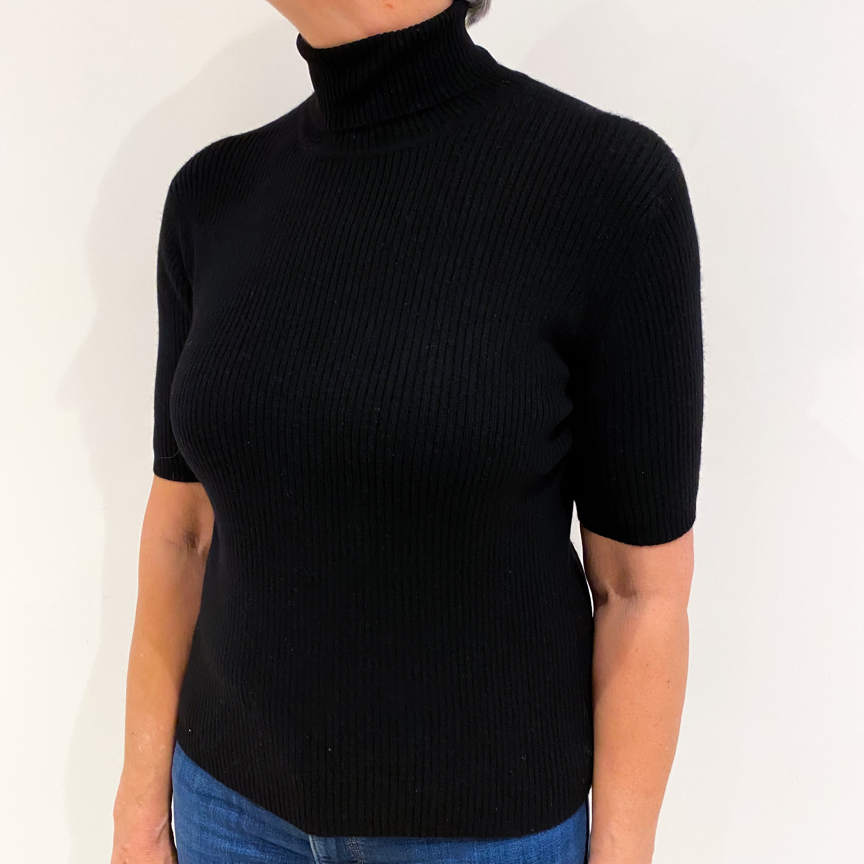 Black Cashmere Polo Neck Short Sleeved Jumper Medium
