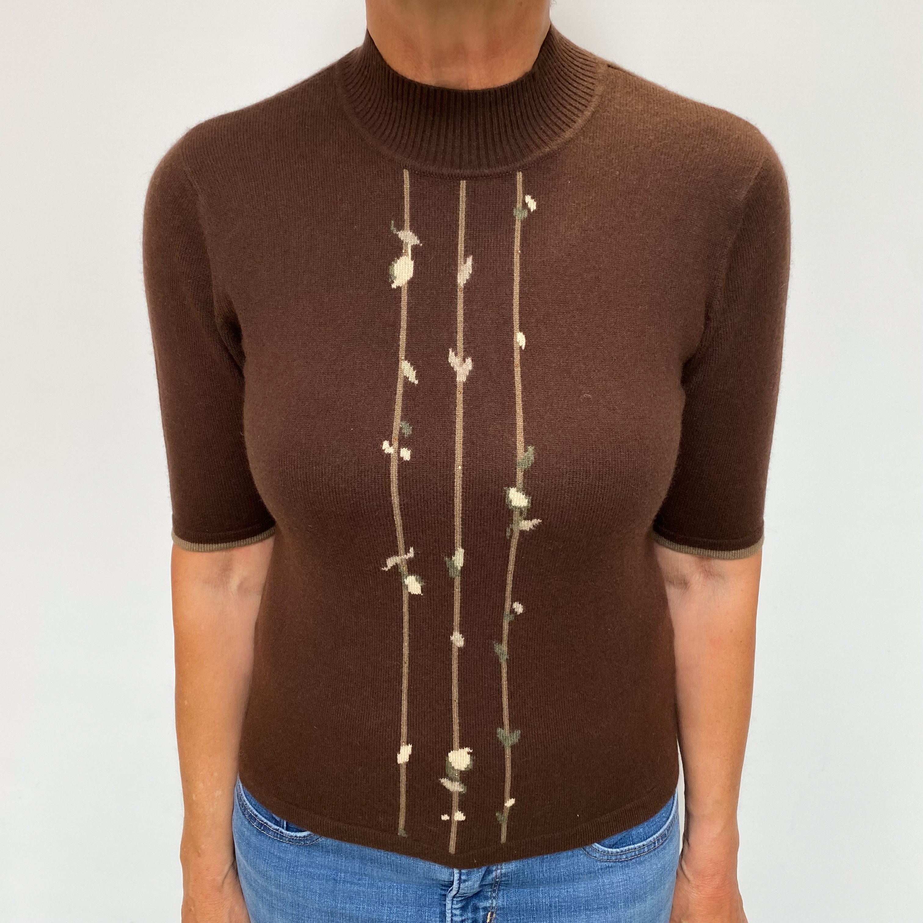 Chocolate Brown Cashmere Turtle Neck Short Sleeved Jumper Medium