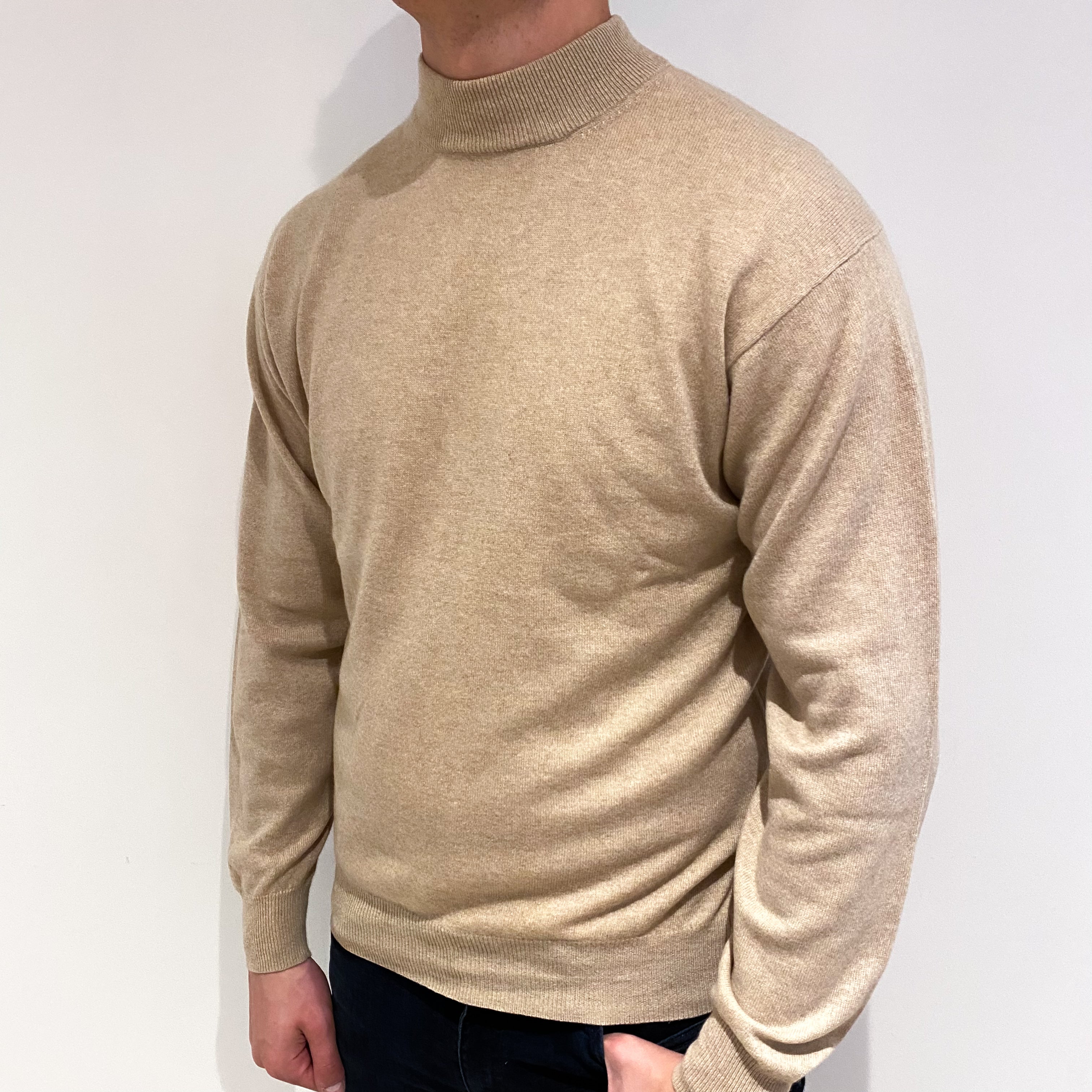 Men's Sand Beige Cashmere Turtle Neck Jumper XL