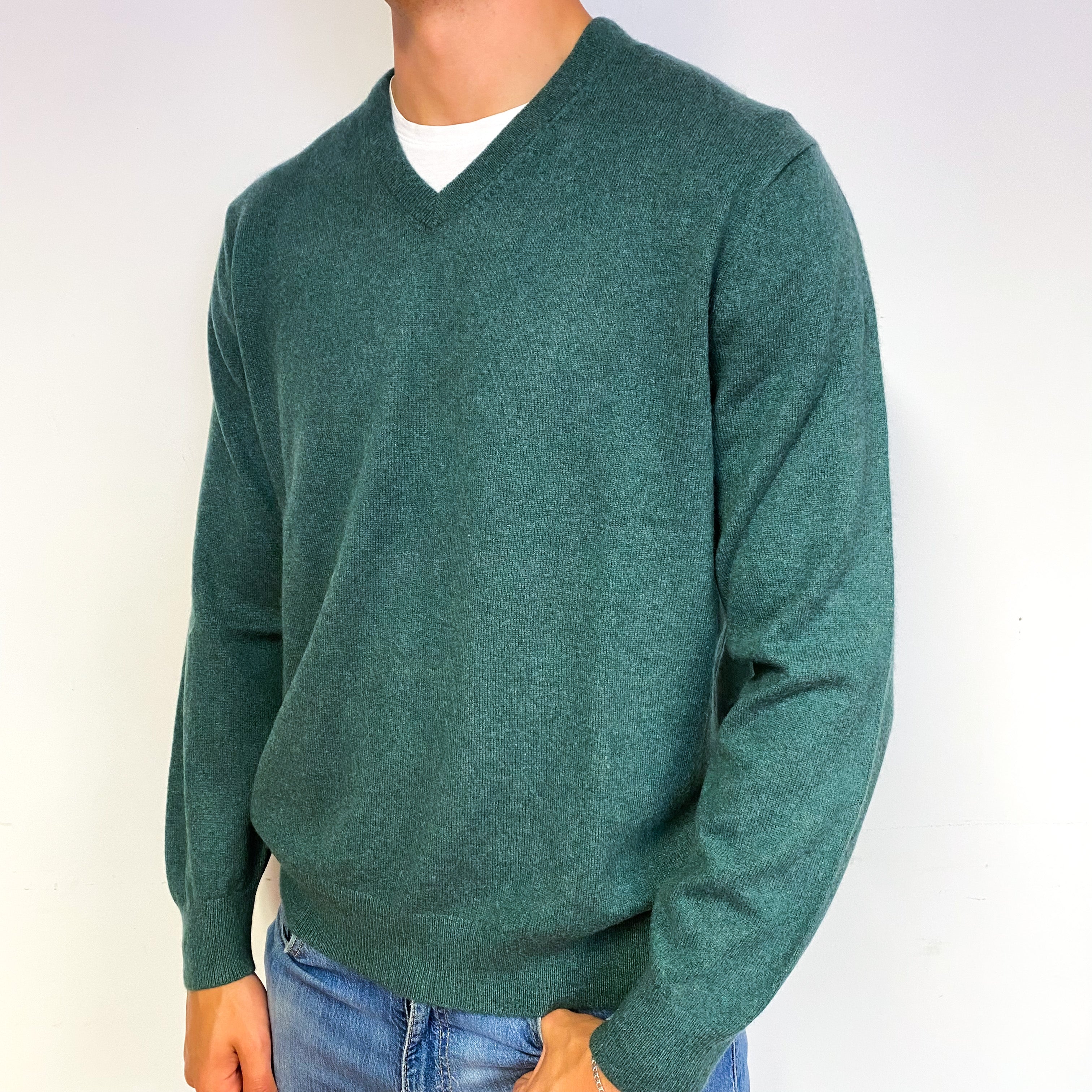 Men's Spruce Green Cashmere V-Neck Jumper Extra Large
