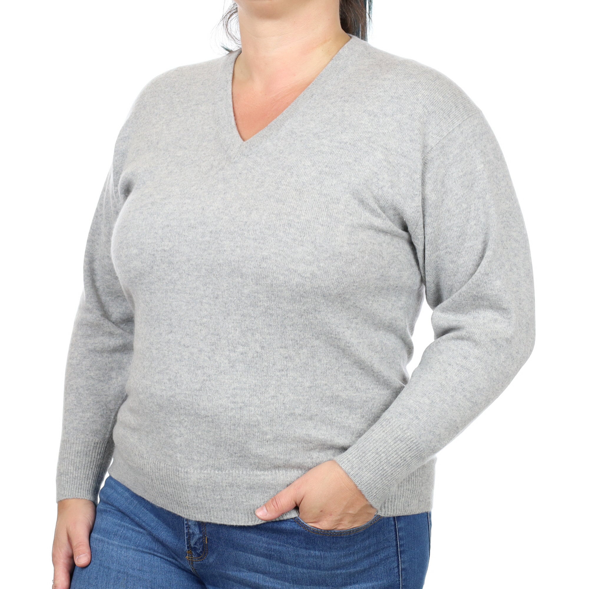 Smoke Grey Cashmere V Neck Jumper Large
