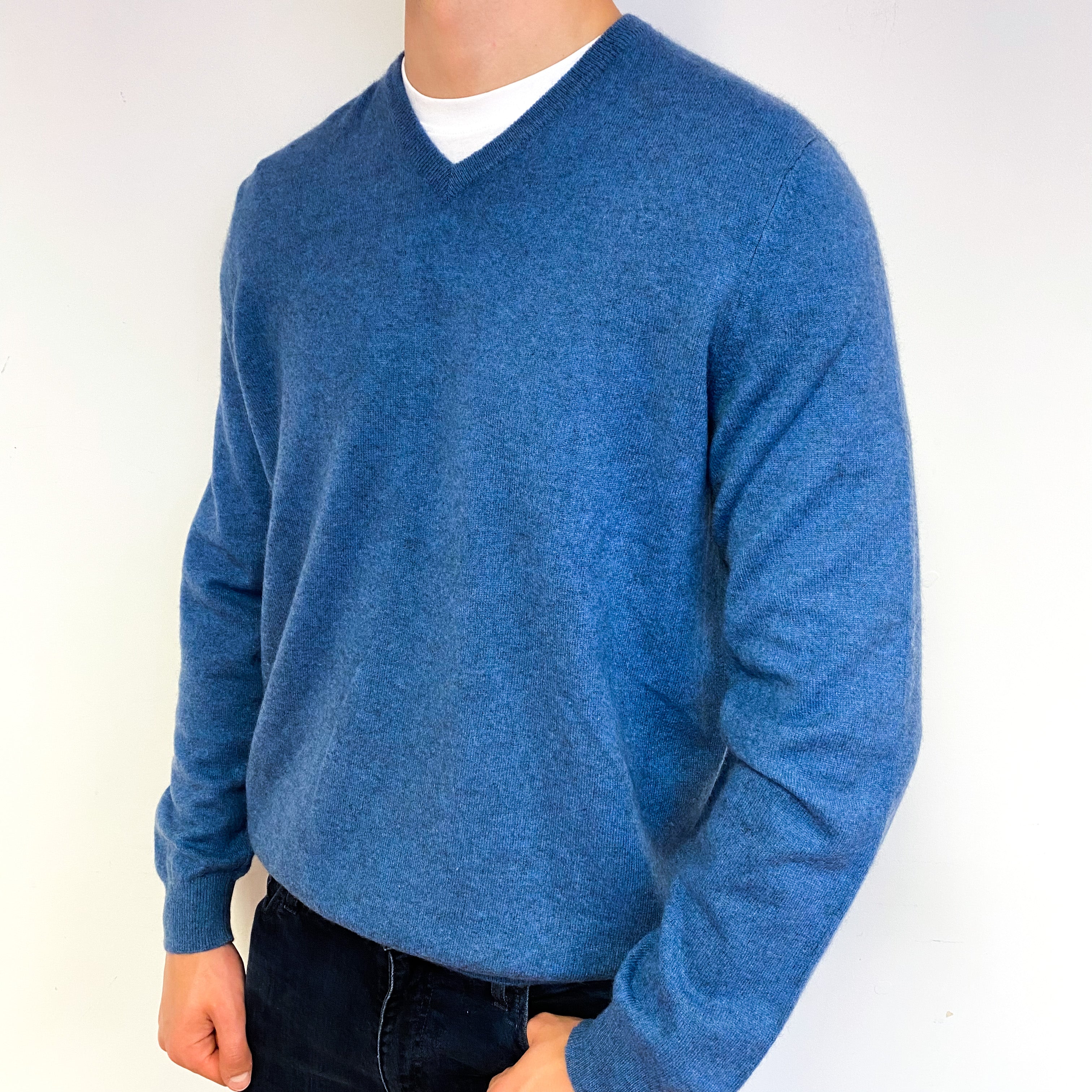 Men's Denim Blue Cashmere V-Neck Jumper Extra Large